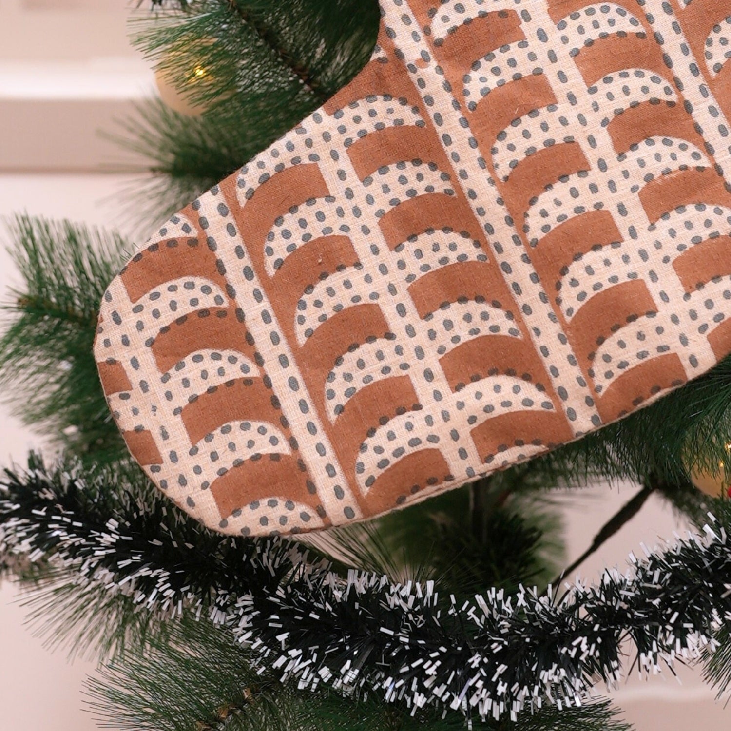 Handcrafted Garud Brown & Gray Linen Blend Block Printed Christmas Stockings with Timeless Elegant Pom Pom Detailing