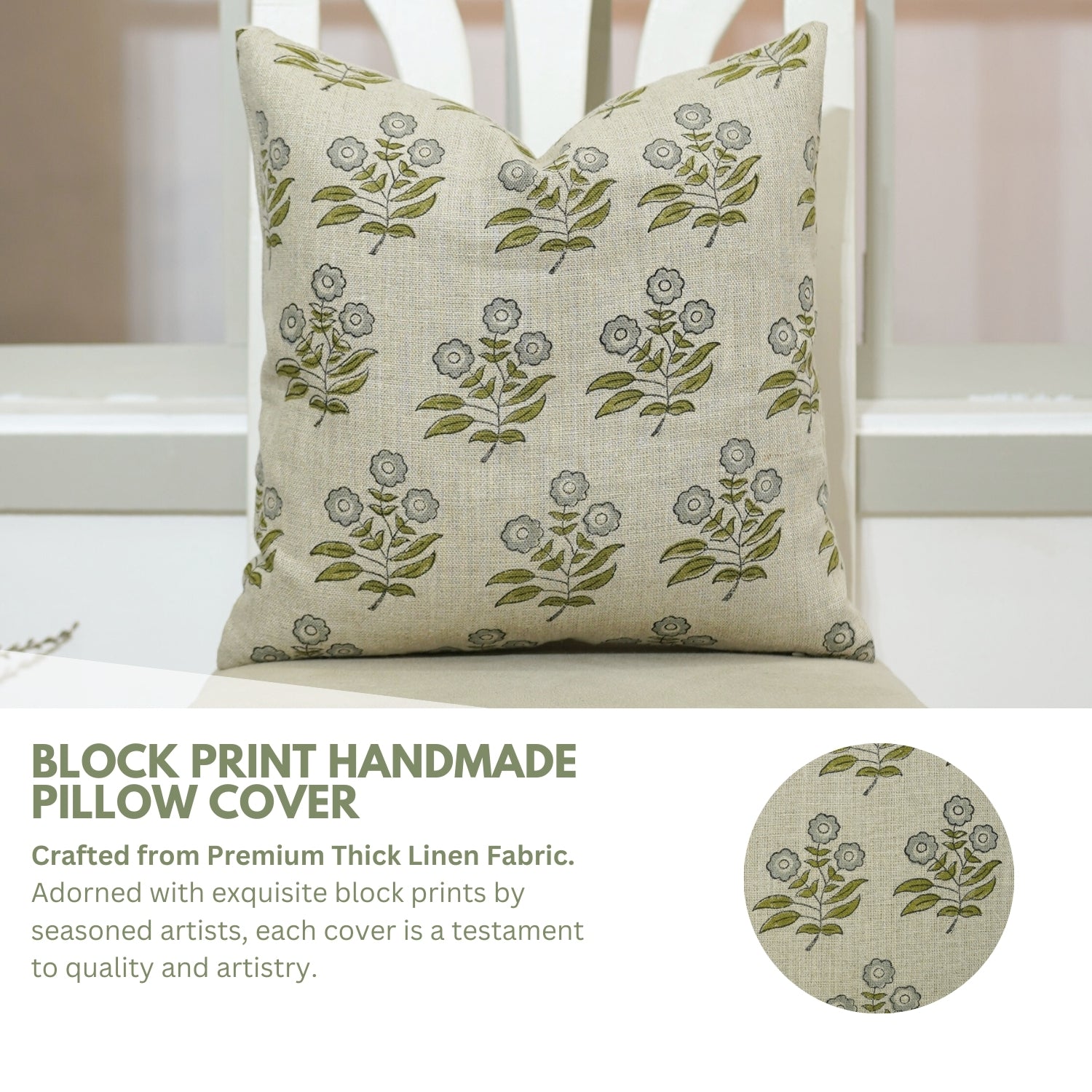 Hand Block Floral and Leaf Printed Thick Linen Cushion Cases - Neha