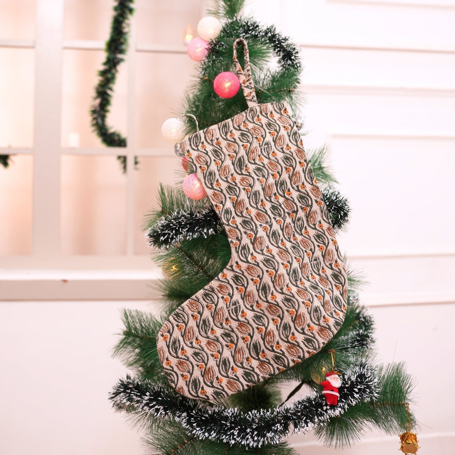 Indian Art Green, Orange & Brown Leaf Floral Thick Linen Block Printed Christmas Stocking for Farmhouse Holiday Decor - Ker Sangari