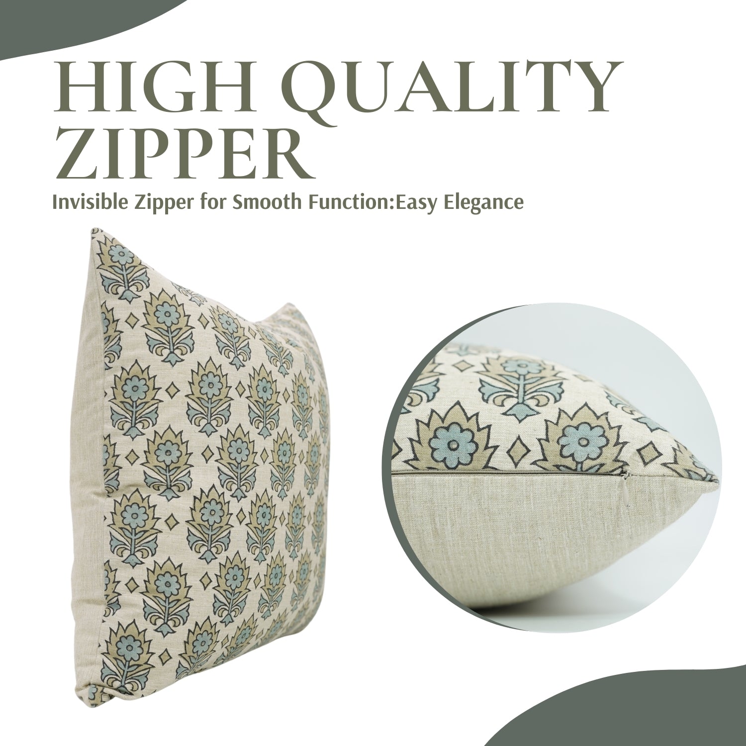 Blue Floral Hand Block Printed Square Pillow Cover For Living Room - Linen Blend