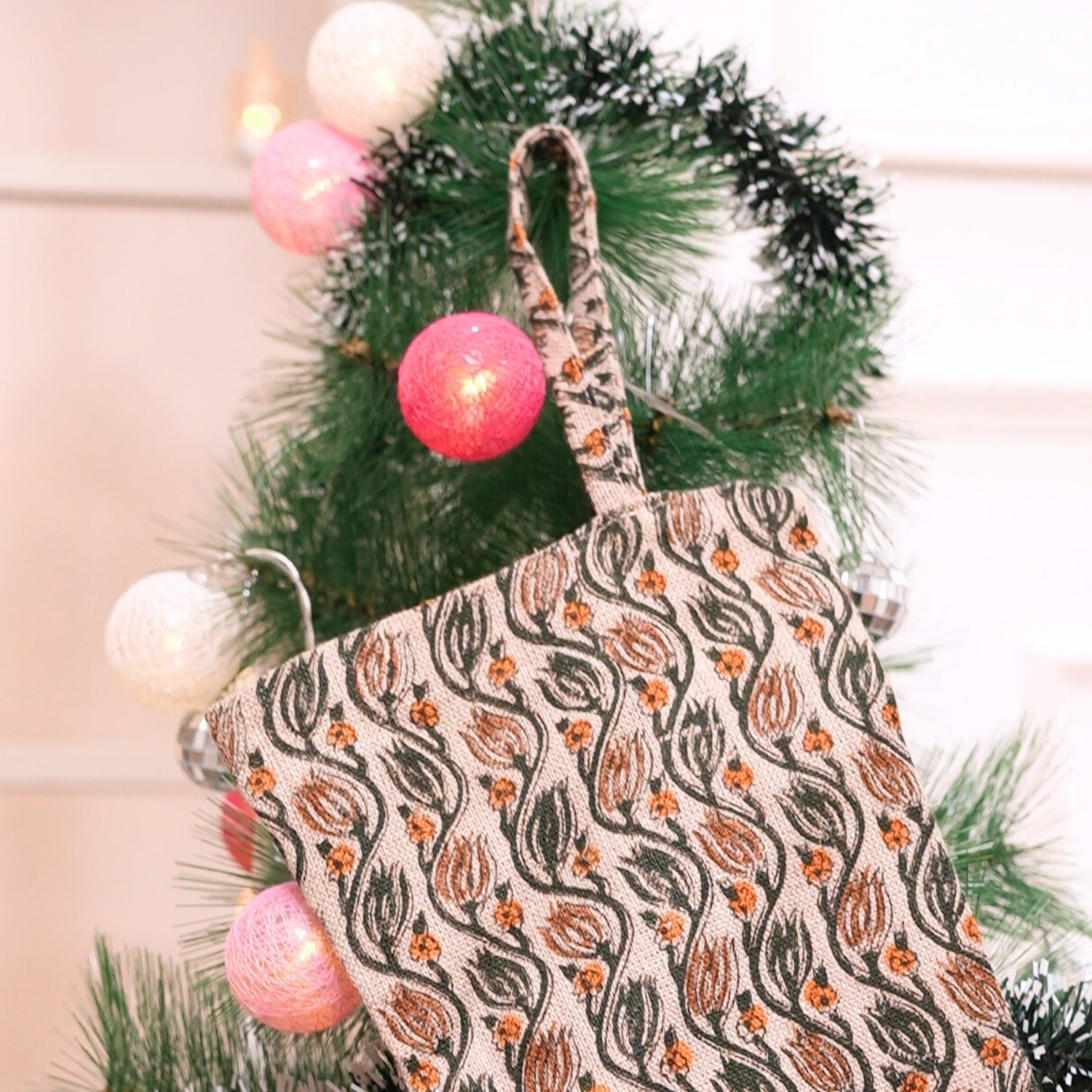 Indian Art Green, Orange & Brown Leaf Floral Thick Linen Block Printed Christmas Stocking for Farmhouse Holiday Decor - Ker Sangari