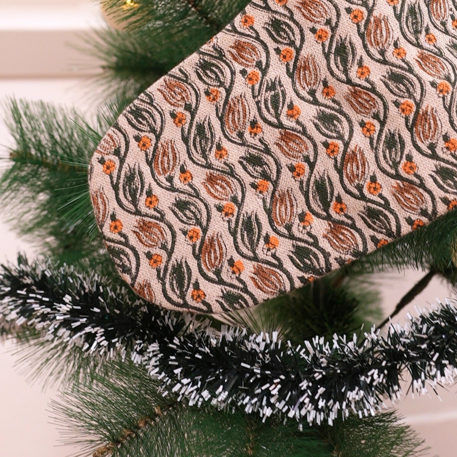 Indian Art Green, Orange & Brown Leaf Floral Thick Linen Block Printed Christmas Stocking for Farmhouse Holiday Decor - Ker Sangari