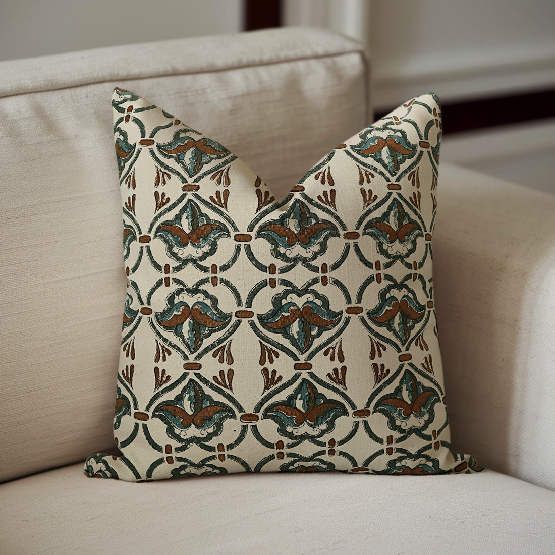Block printed pillow with a geometric print 