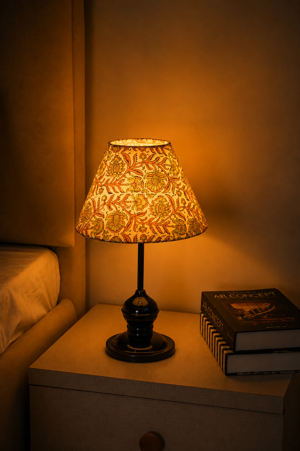 Block Print Sage Green Floral Linen Blend Lampshade - Jaipuri Jaal