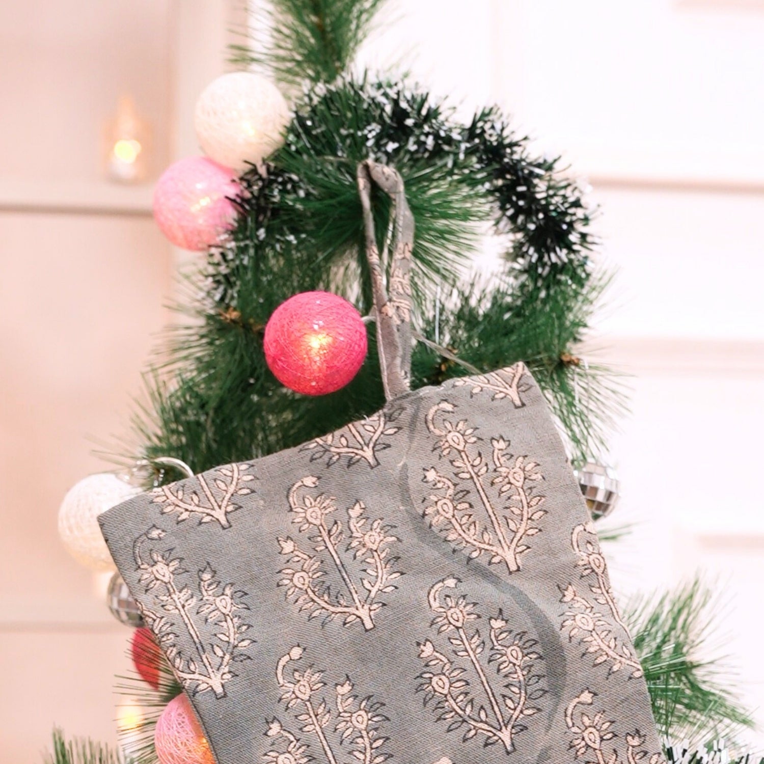 Handmade Block Printed Pure Linen Christmas Stockings in Gray & Beige Floral for Farmhouse Festive Decor With Poppom - Neelgagan