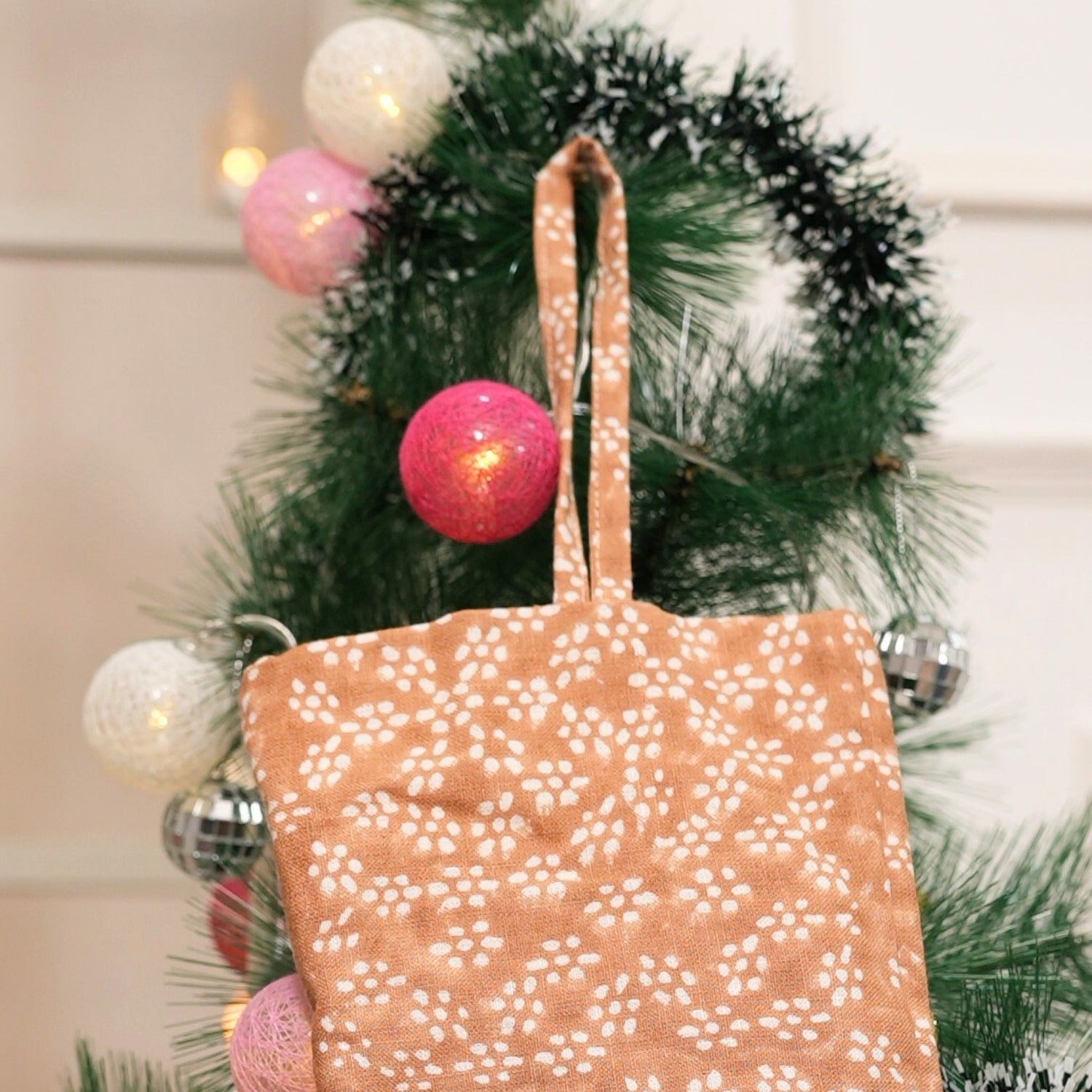 Brown Sugar Floral 100% Pure Linen Block Printed Christmas Stockings Ola Vrishti Tree Design with Pompom for Bedroom Decor