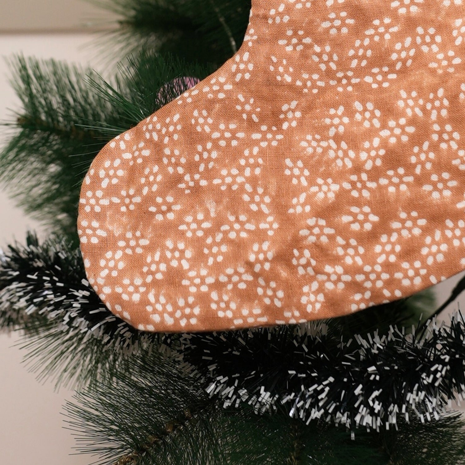 Brown Sugar Floral 100% Pure Linen Block Printed Christmas Stockings Ola Vrishti Tree Design with Pompom for Bedroom Decor