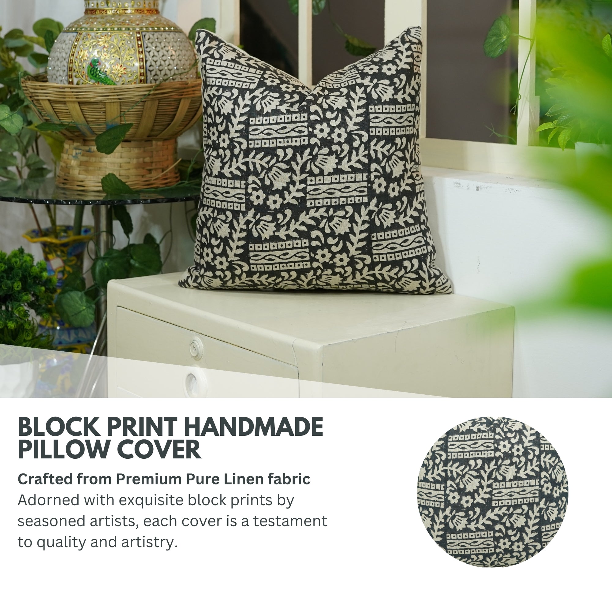 Floral Handmade Black Pure Linen Pillow Cover - Mumtaj