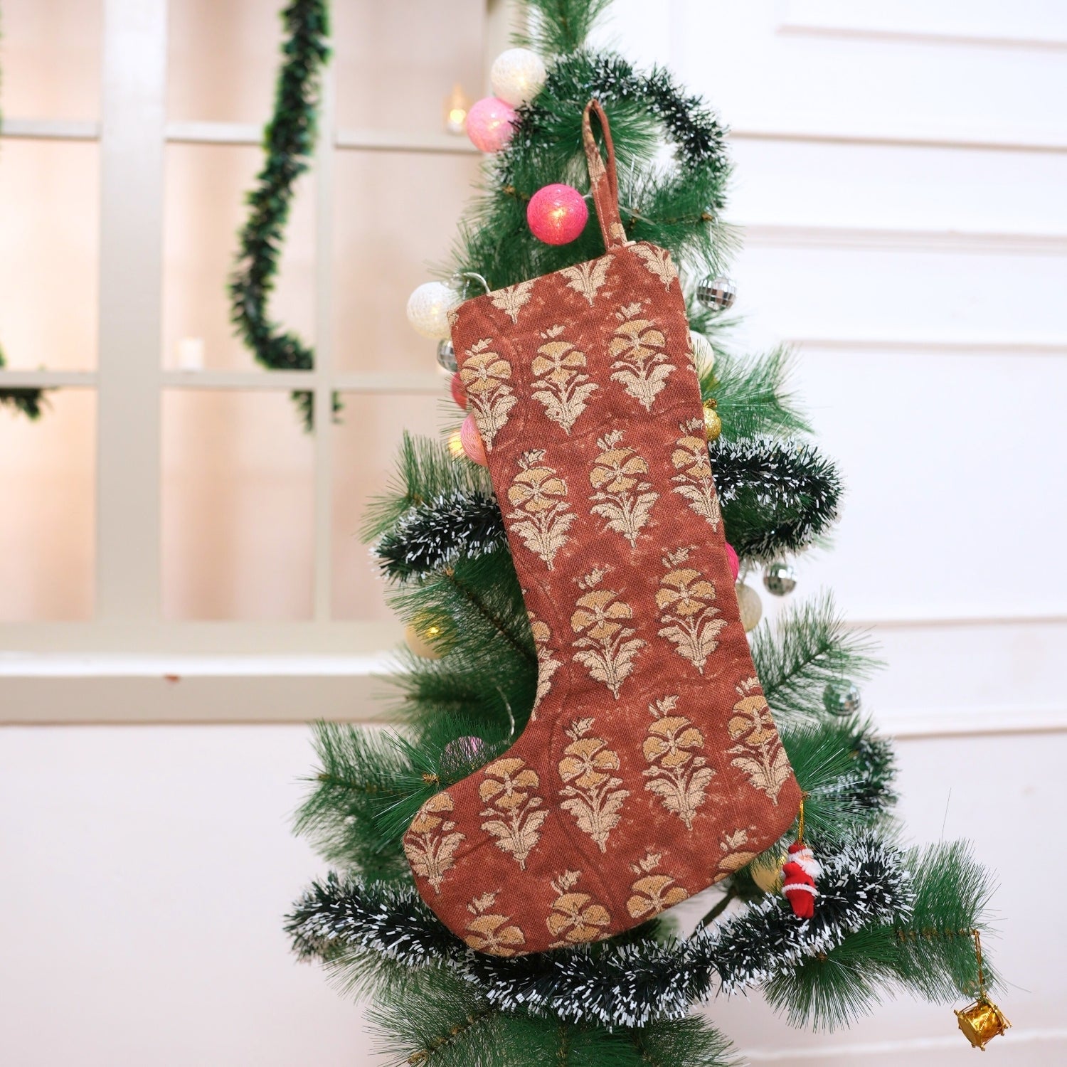 Handmade Block Printed Mormukut Thick Linen Christmas Stockings in Brown & Yellow with Pompom Festive Holiday Decor for Home
