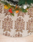 Pure Linen Handmade Block Printed Tuskan Red & Brownish Mini Floral Xmas Tree Skirt – Virandhavan Holiday Decor