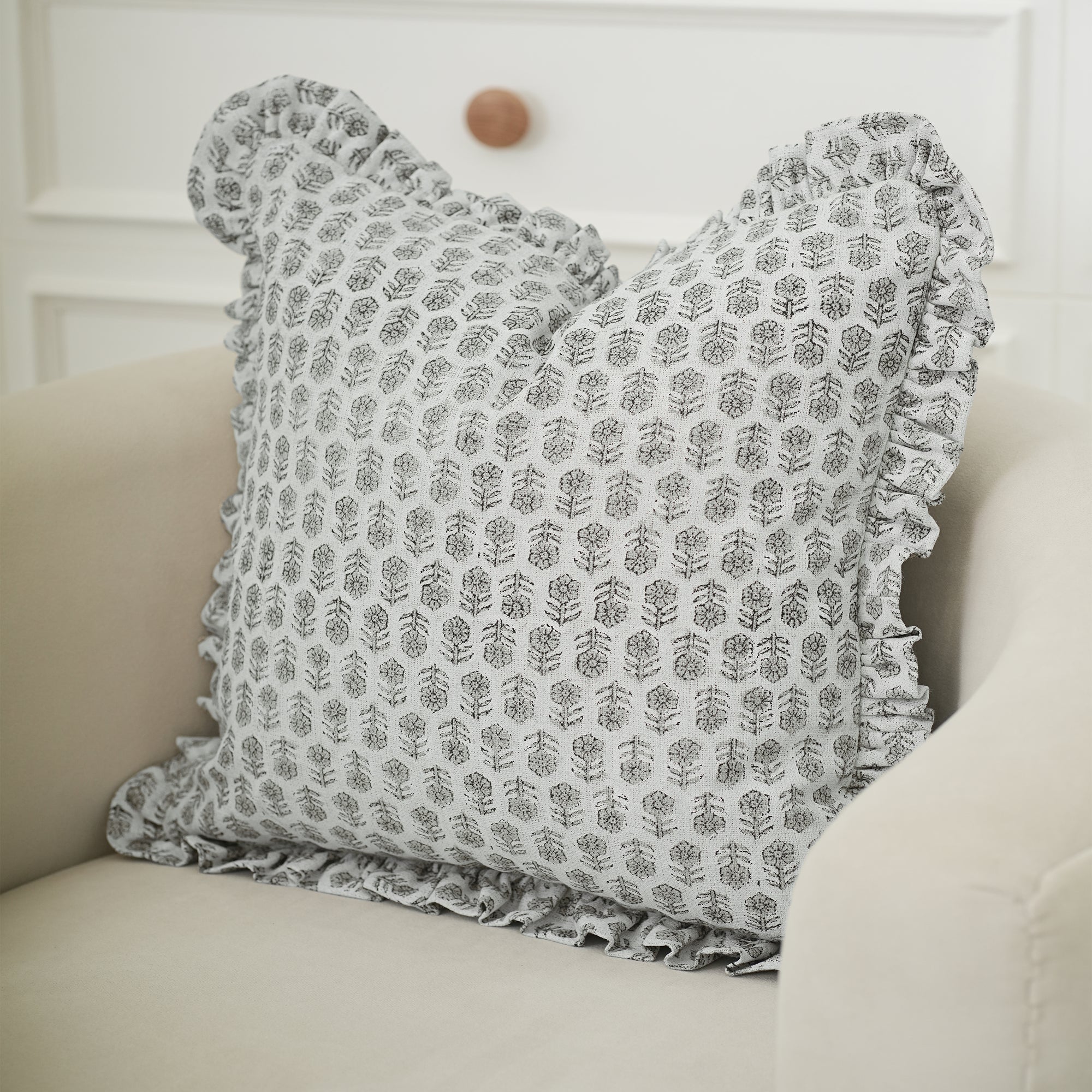 Block Print Ruffled Linen Pillow Cover Charcoal Floral - Tulsi Butti