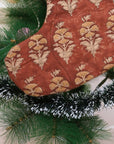 Handmade Block Printed Mormukut Thick Linen Christmas Stockings in Brown & Yellow with Pompom Festive Holiday Decor for Home