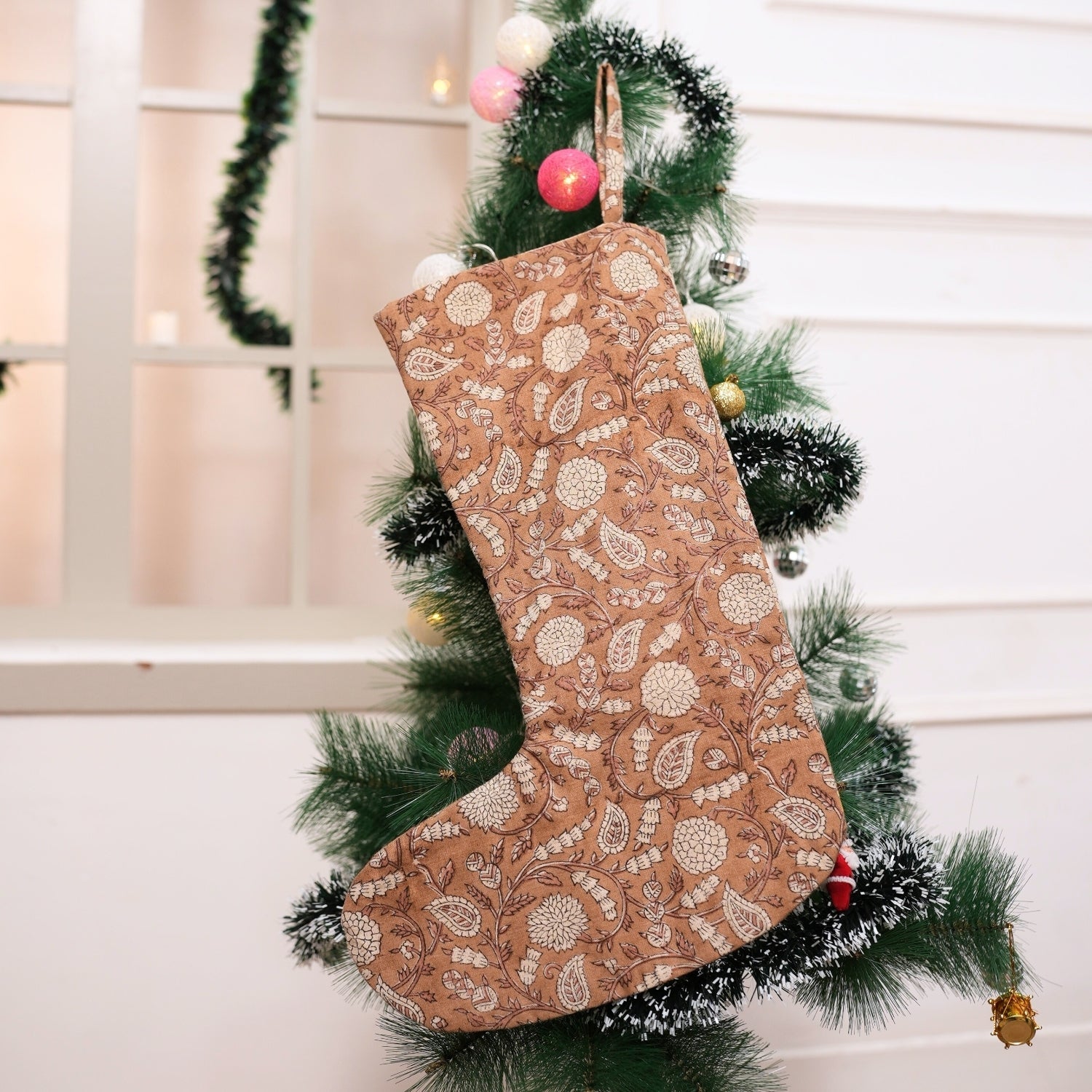 Handcrafted Gopi Coconut & Beige Floral Linen Blend Block Printed Christmas Stockings with Pom Pom Elegant Festive Decor