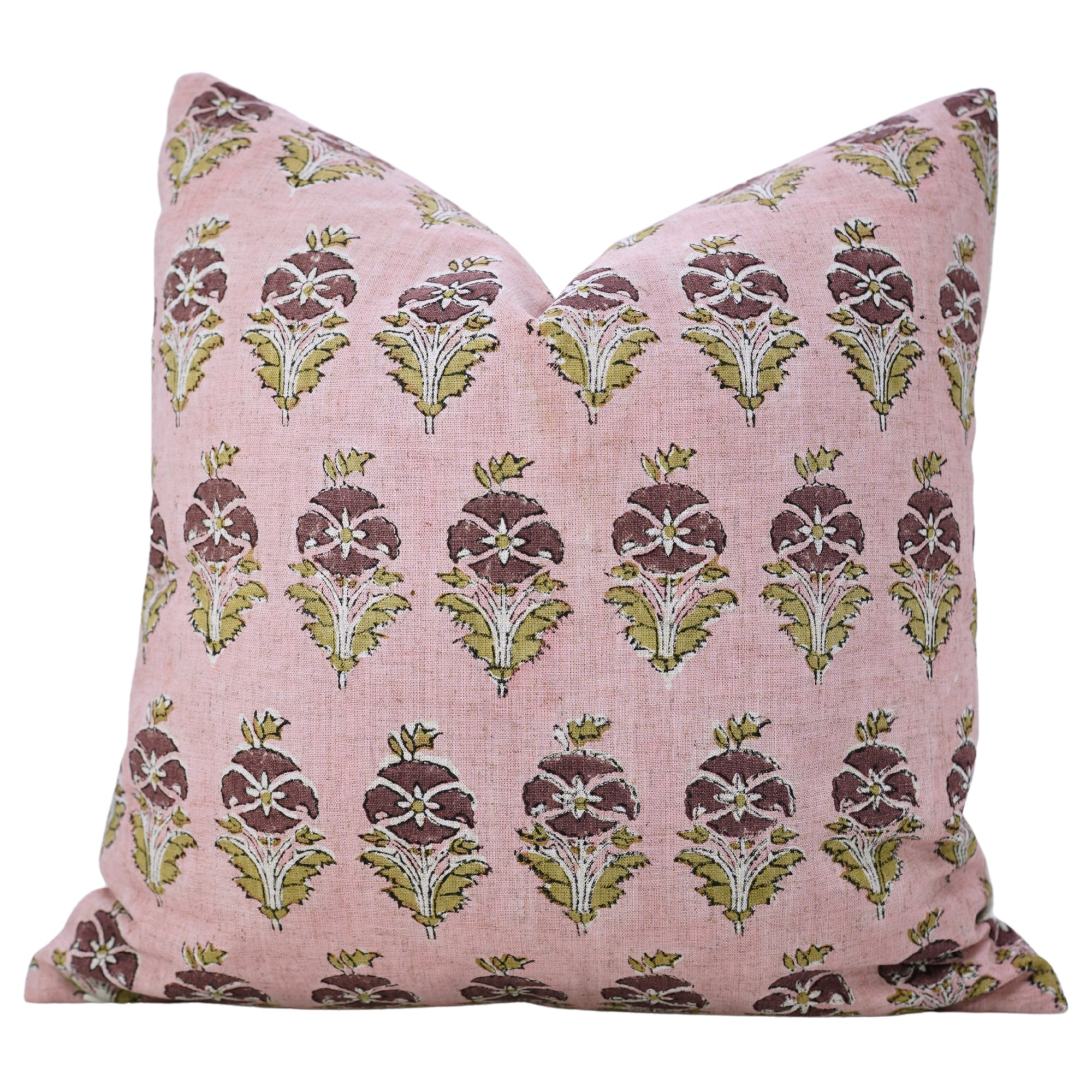 Block Printed Pink Floral Boho Pillow Cover in Viscose Linen for Couch Décor – Mormukut Design 