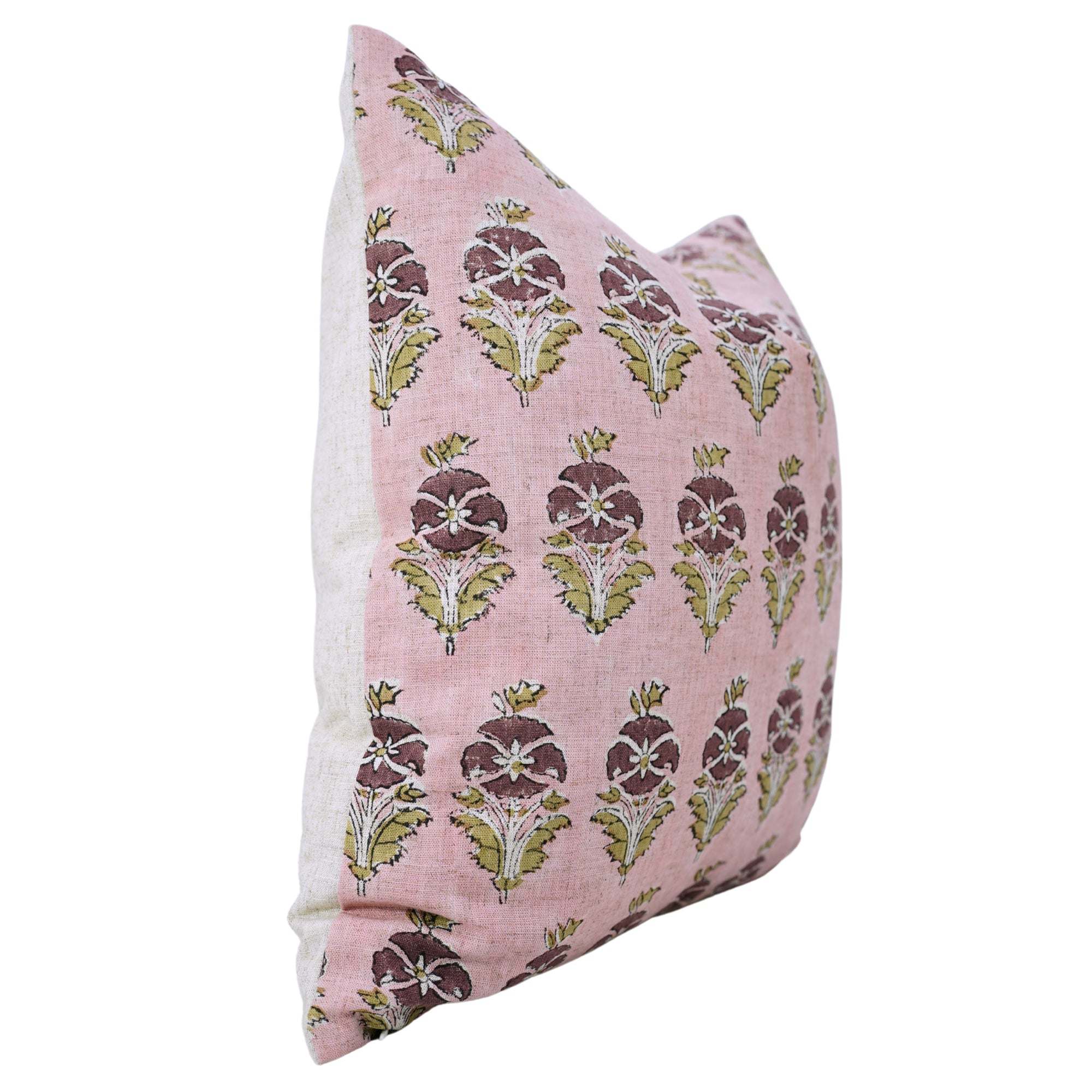 Block Printed Pink Floral Boho Pillow Cover in Viscose Linen for Couch Décor – Mormukut Design 
