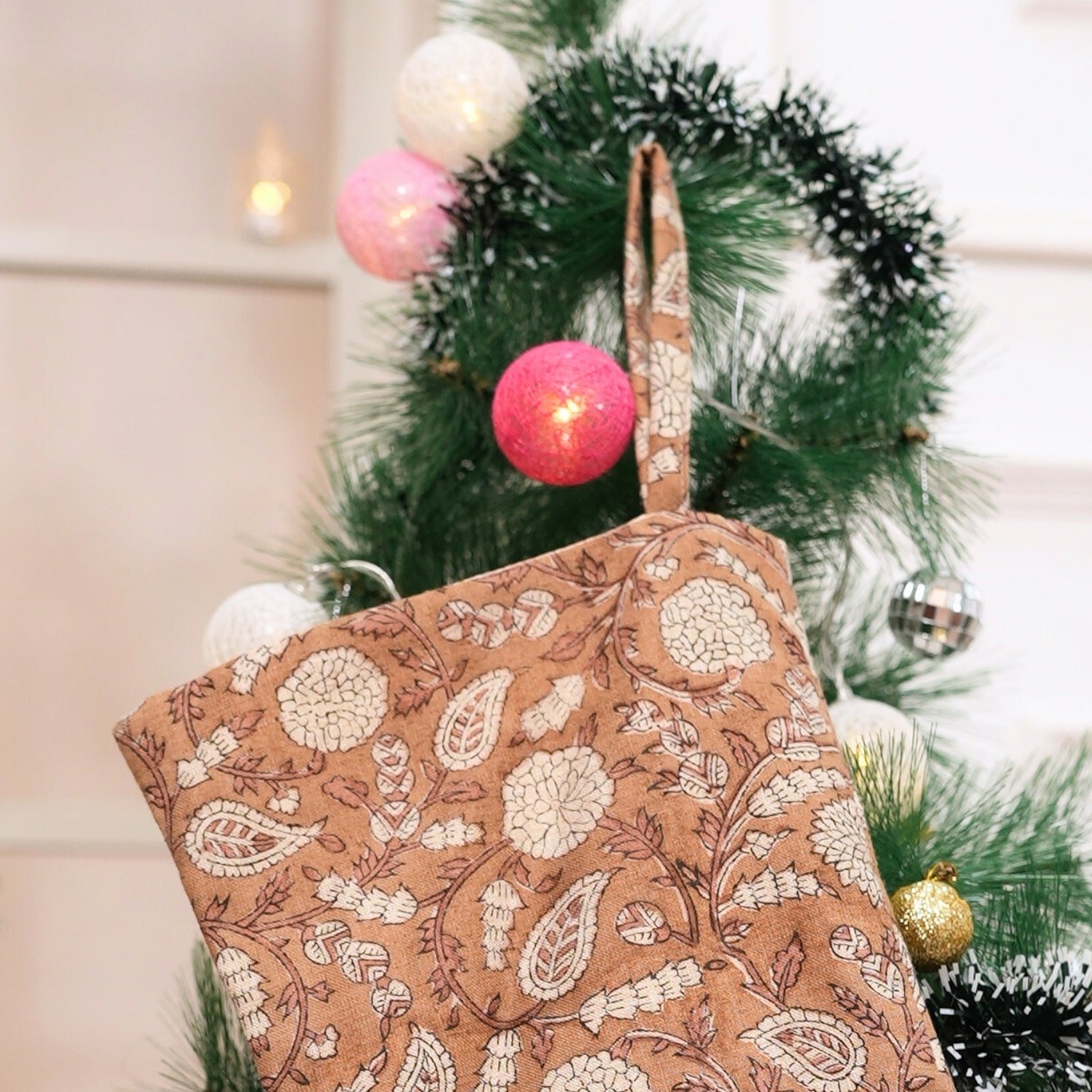 Handcrafted Gopi Coconut & Beige Floral Linen Blend Block Printed Christmas Stockings with Pom Pom Elegant Festive Decor