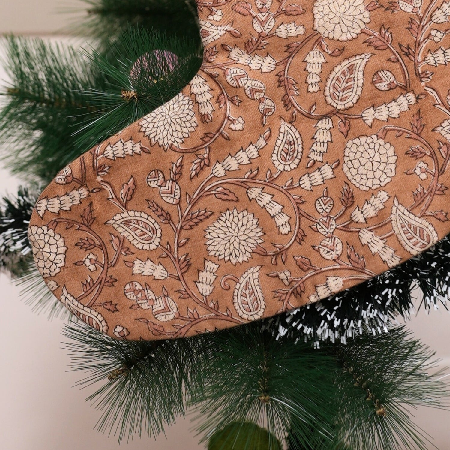 Handcrafted Gopi Coconut & Beige Floral Linen Blend Block Printed Christmas Stockings with Pom Pom Elegant Festive Decor