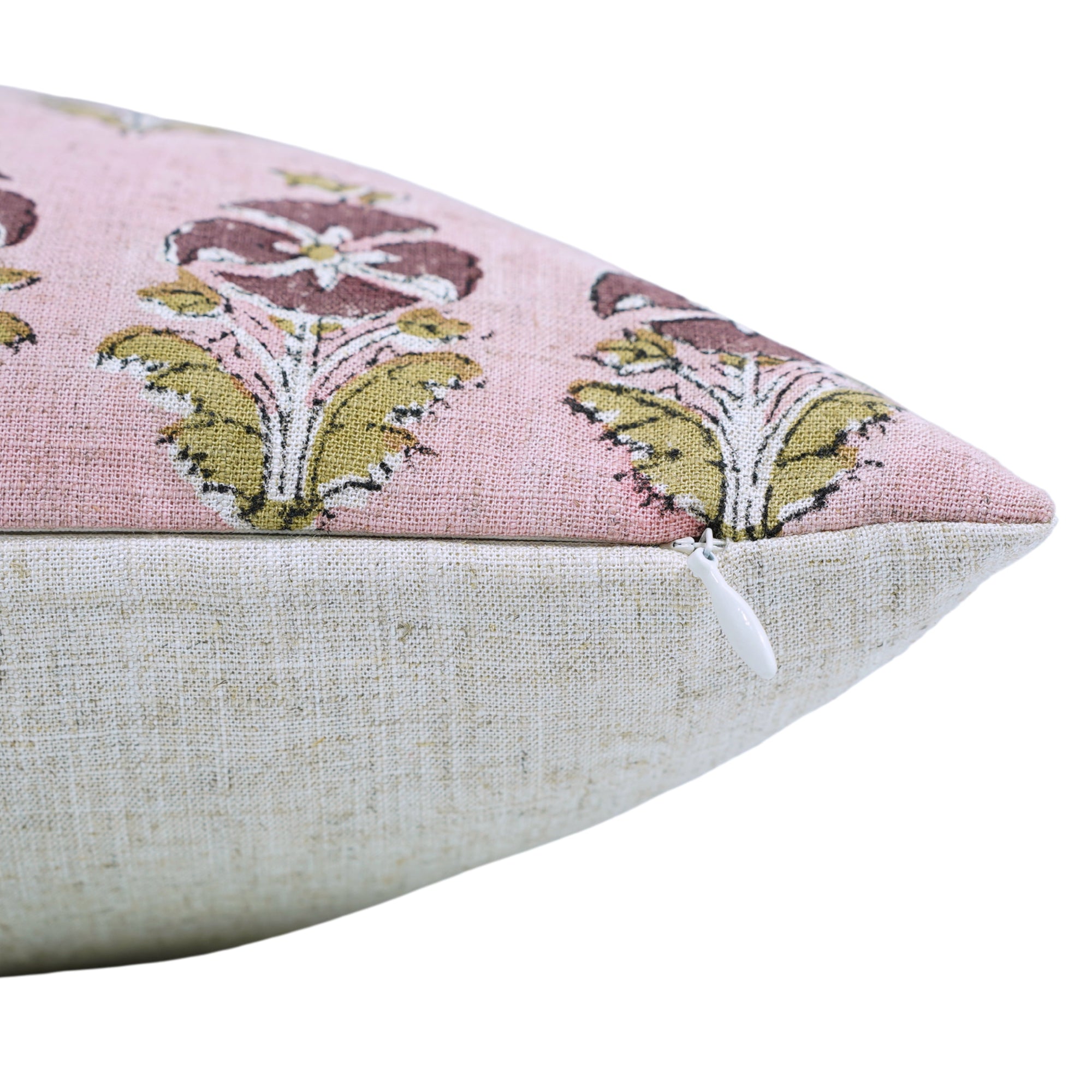 Block Printed Pink Floral Boho Pillow Cover in Viscose Linen for Couch Décor – Mormukut Design 