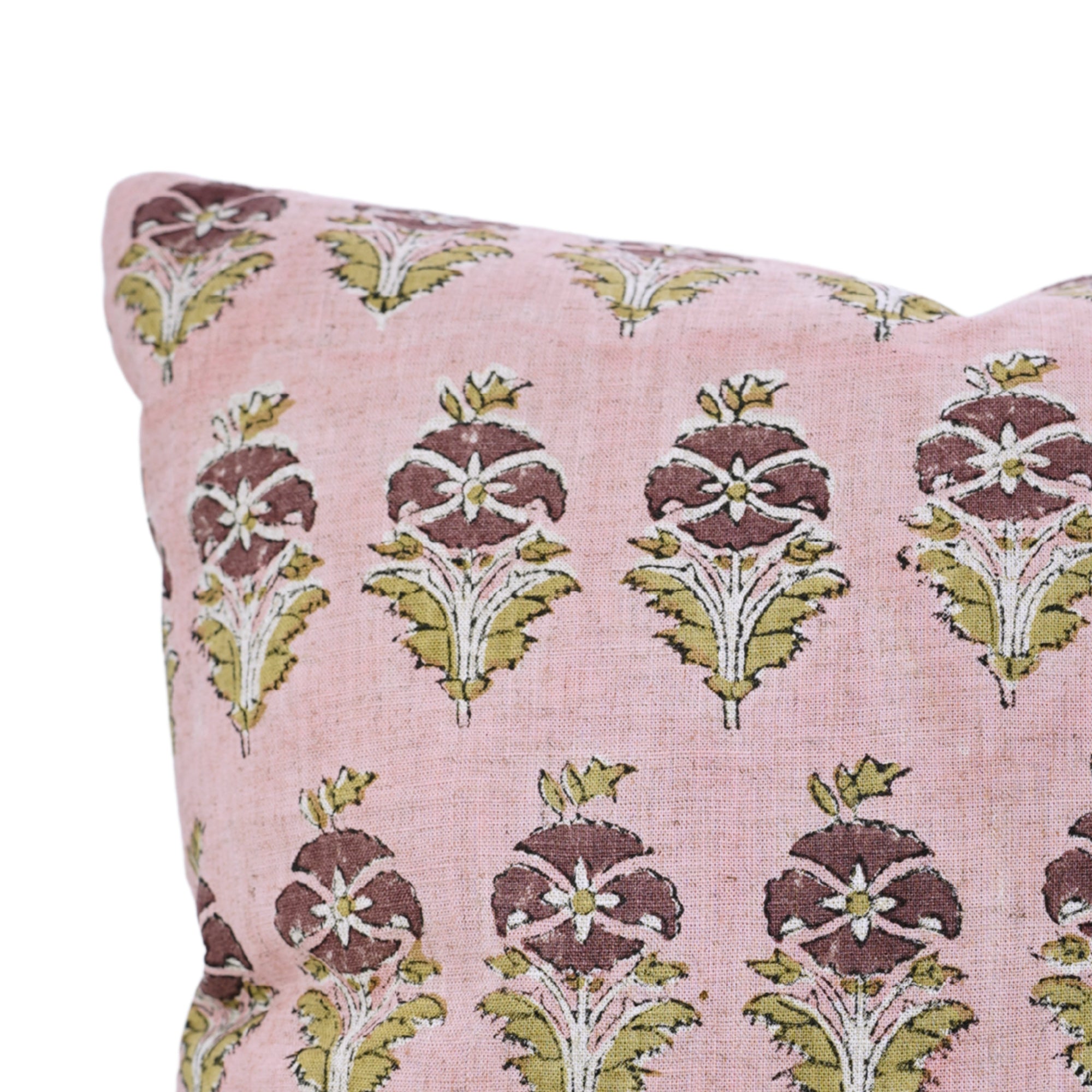 Block Printed Pink Floral Boho Pillow Cover in Viscose Linen for Couch Décor – Mormukut Design 