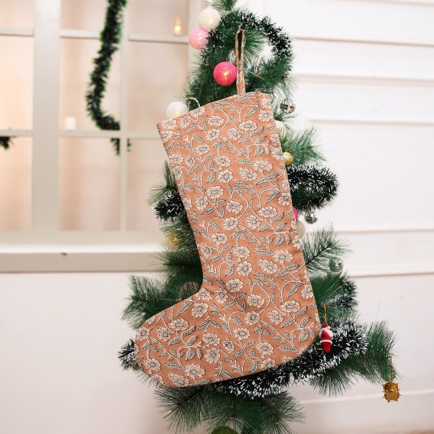 Hand Stamped Pihu Block Printed Christmas Stockings on Coconut Linen Blend with Pompom for Decorative Bedroom & Holiday Decor