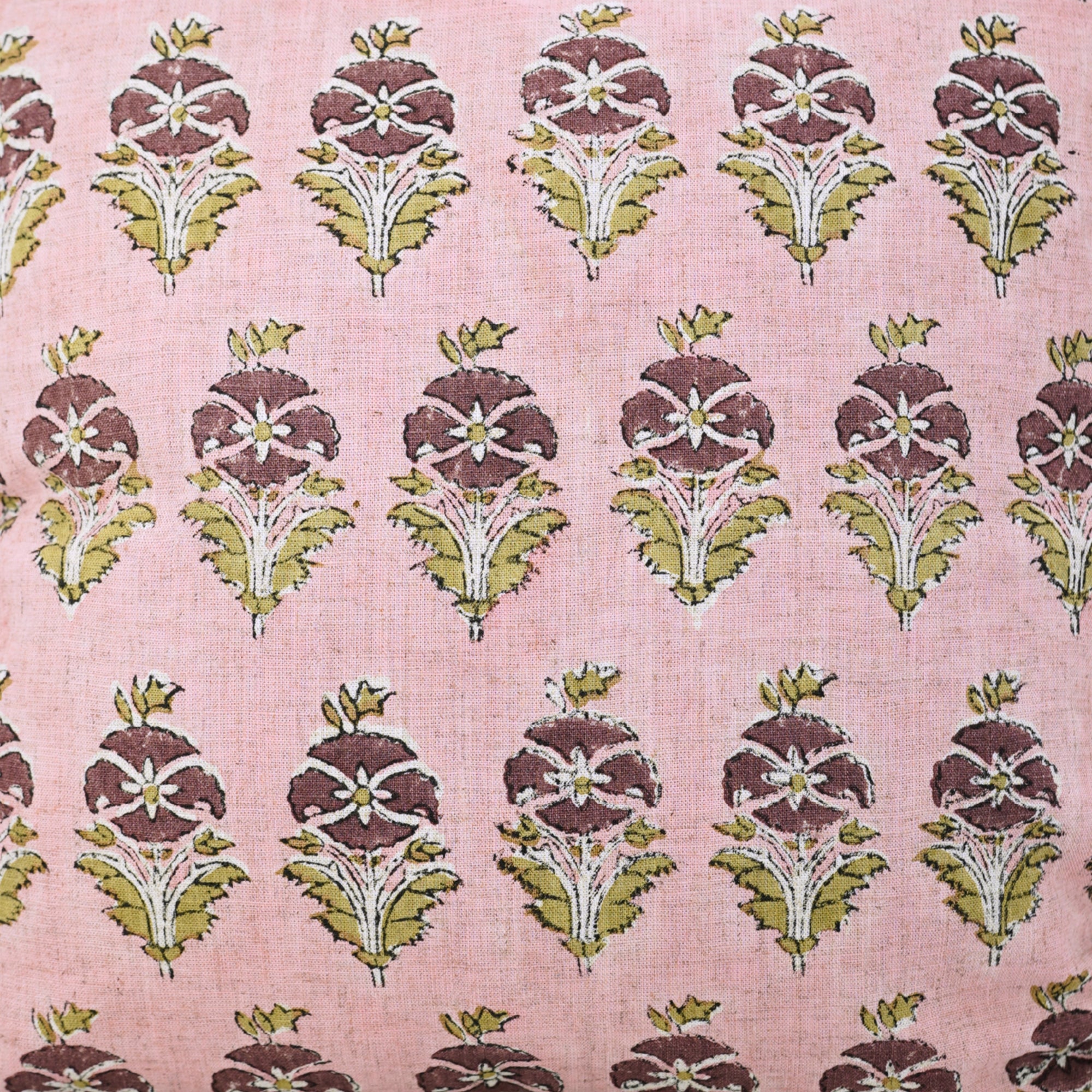 Block Printed Pink Floral Boho Pillow Cover in Viscose Linen for Couch Décor – Mormukut Design 