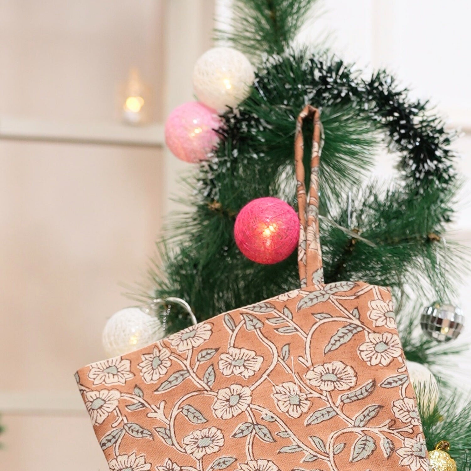 Hand Stamped Pihu Block Printed Christmas Stockings on Coconut Linen Blend with Pompom for Decorative Bedroom & Holiday Decor