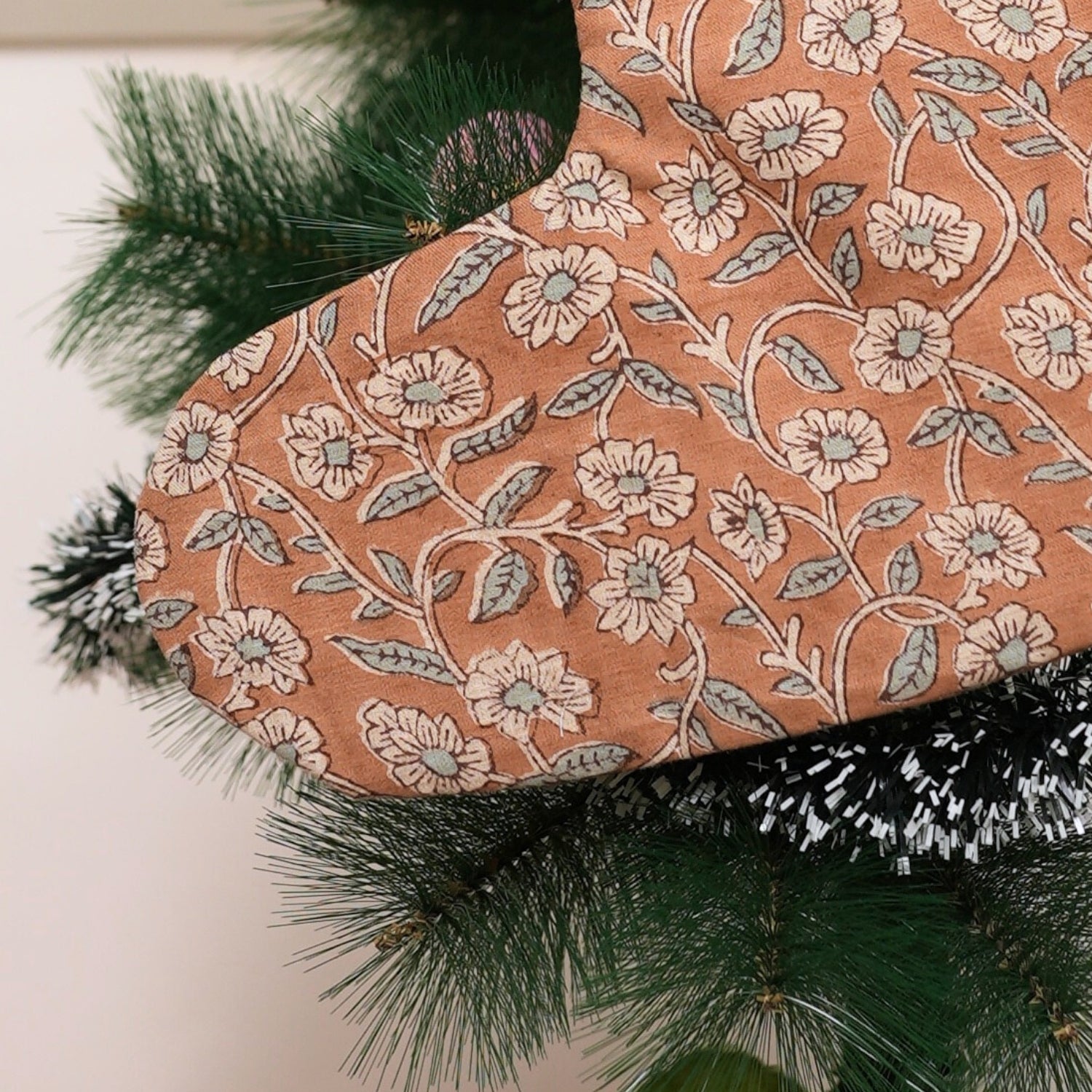 Hand Stamped Pihu Block Printed Christmas Stockings on Coconut Linen Blend with Pompom for Decorative Bedroom & Holiday Decor