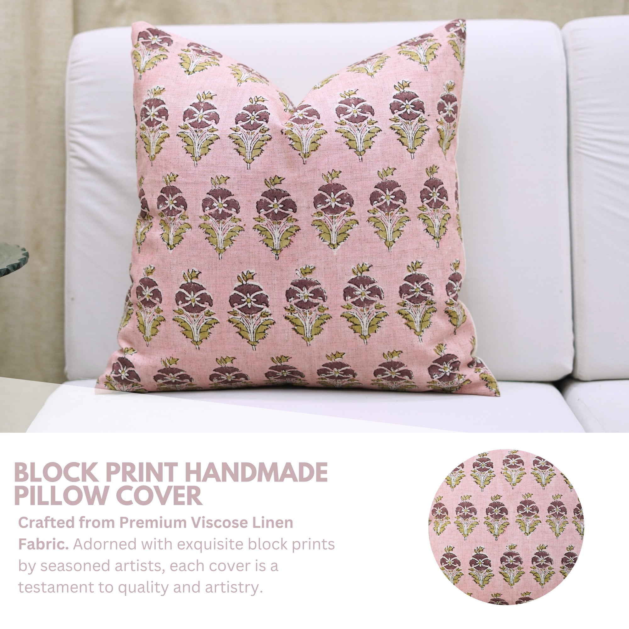 Block Printed Pink Floral Boho Pillow Cover in Viscose Linen for Couch Décor – Mormukut Design 