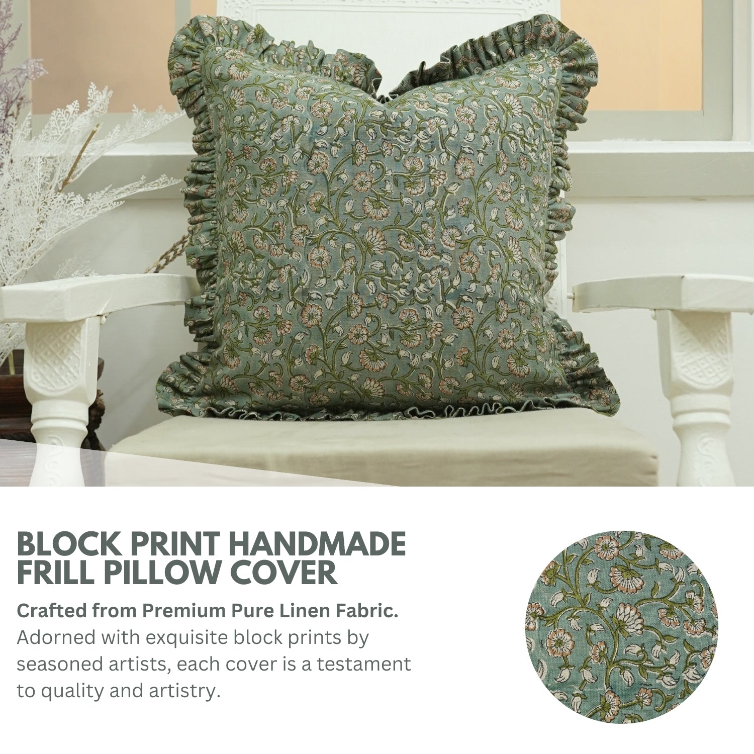 Handmade Floral Design Block Printed Pure Linen Frill Pillow Cover - Himachal