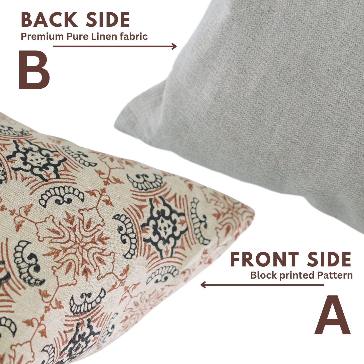 Indian Hand Printed Black and Brown Floral Throw Cushion Case in Pure Linen – Chakrvyuh Design