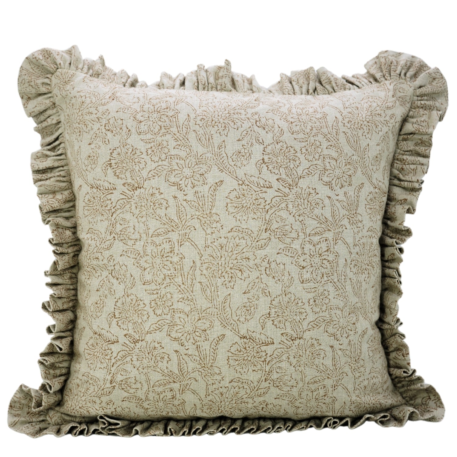 Handmade Indoor Block Printed Pure Linen Frill Pillow Cover - Jarul