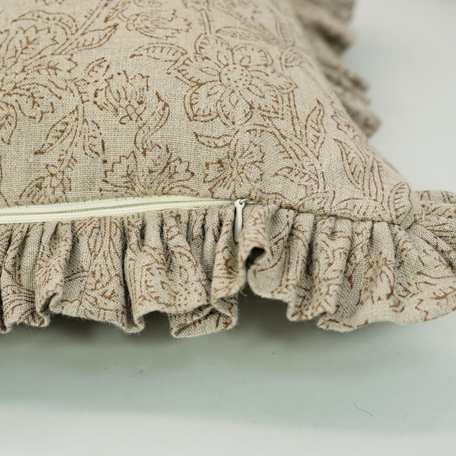 Handmade Indoor Block Printed Pure Linen Frill Pillow Cover - Jarul