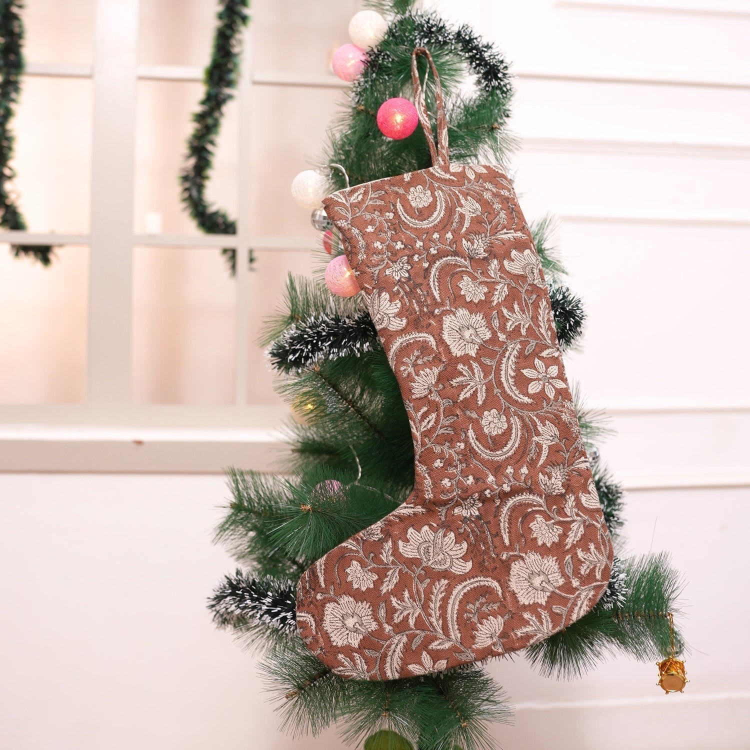 Coconut & Silver Pink Handcrafted Block Printed Christmas Stockings with Pompom Detailing Kundanvan Design on Thick Linen Fabric Holiday Decor