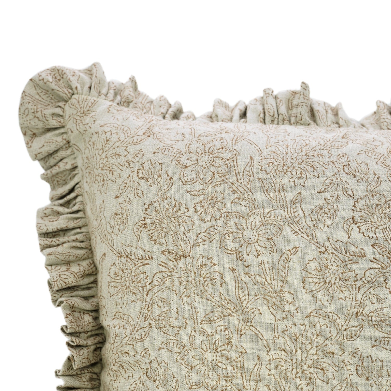 Handmade Indoor Block Printed Pure Linen Frill Pillow Cover - Jarul