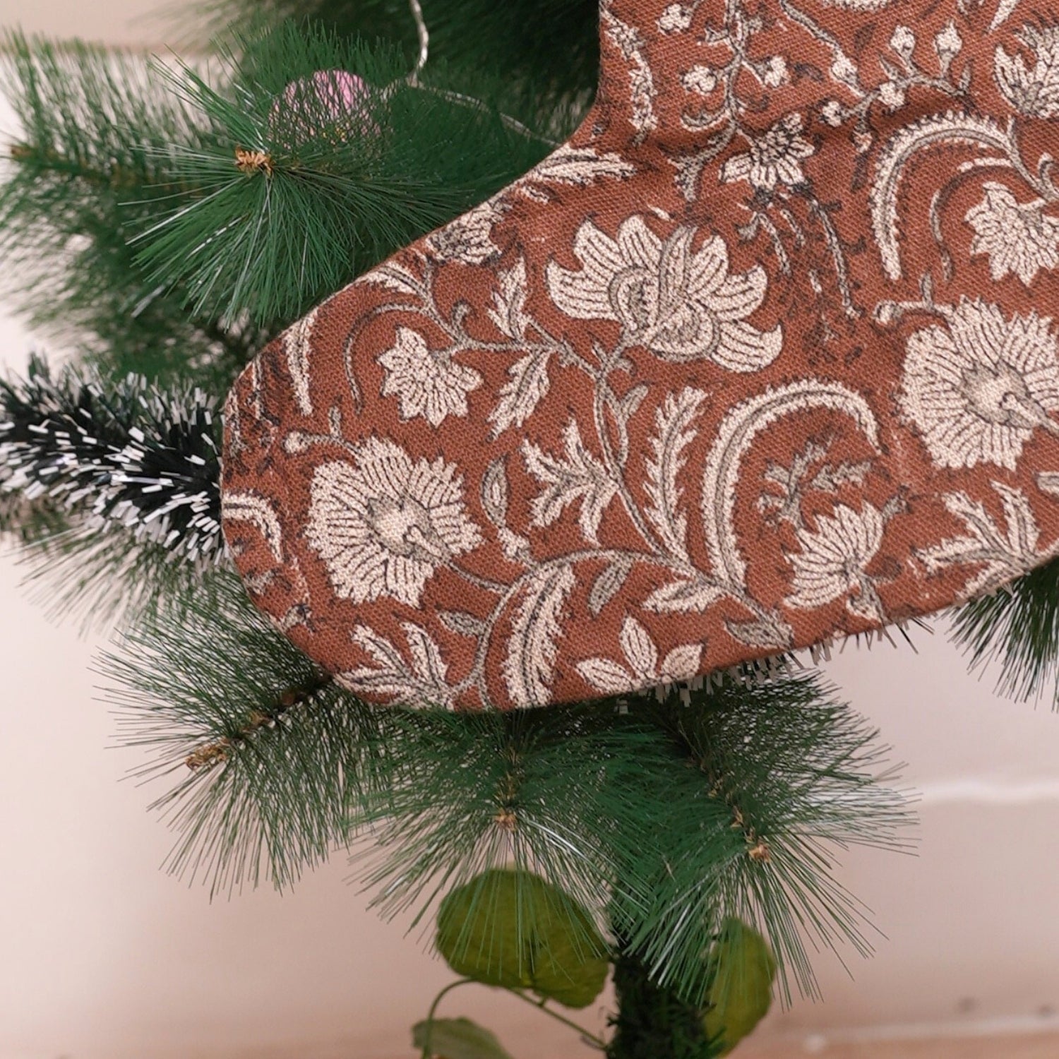 Coconut & Silver Pink Handcrafted Block Printed Christmas Stockings with Pompom Detailing Kundanvan Design on Thick Linen Fabric Holiday Decor