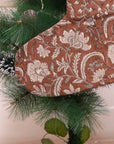 Coconut & Silver Pink Handcrafted Block Printed Christmas Stockings with Pompom Detailing Kundanvan Design on Thick Linen Fabric Holiday Decor
