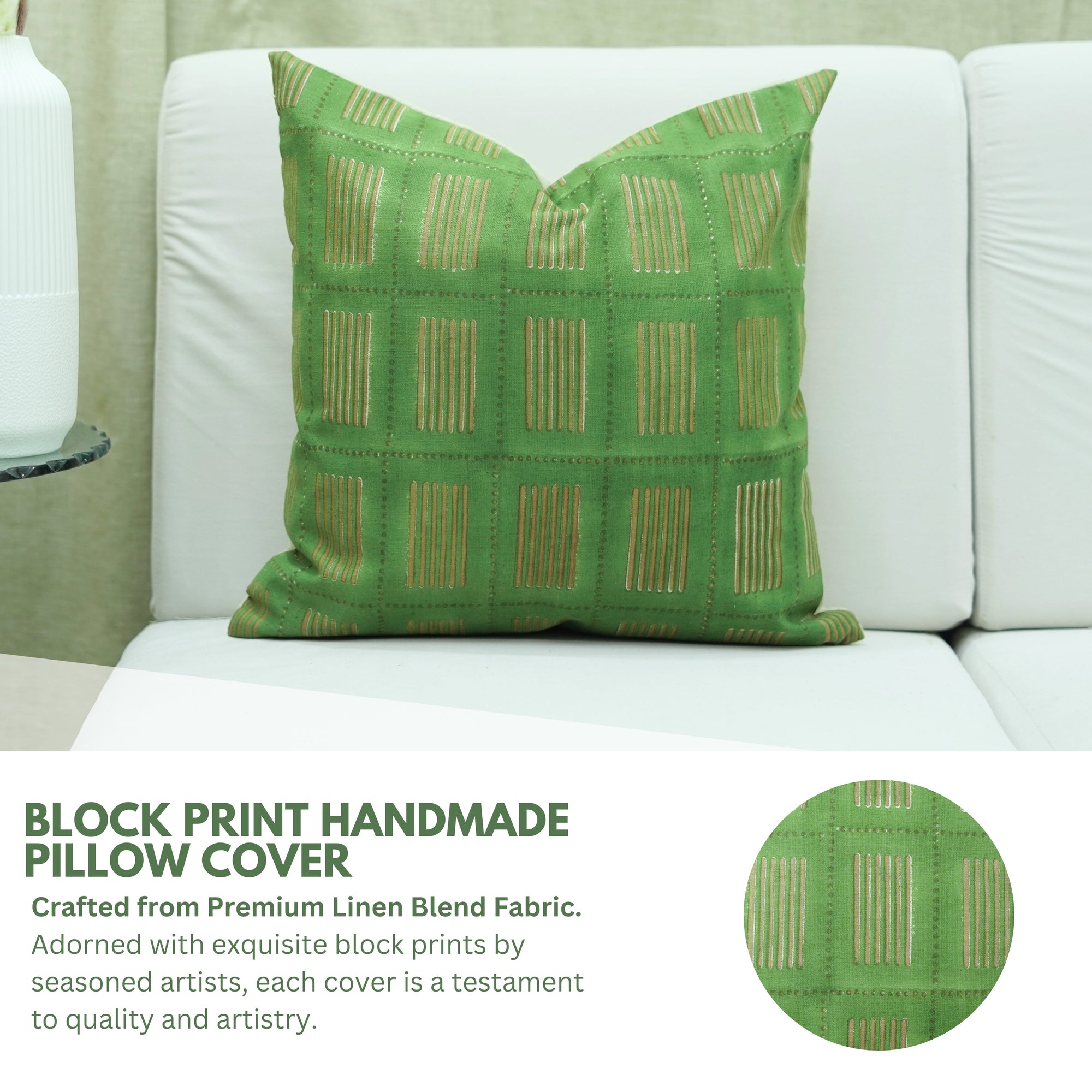 Indian Hand-Stamped Green Floral Linen Blend Boho Throw Pillow Cover for Indoor Decor – Yug 