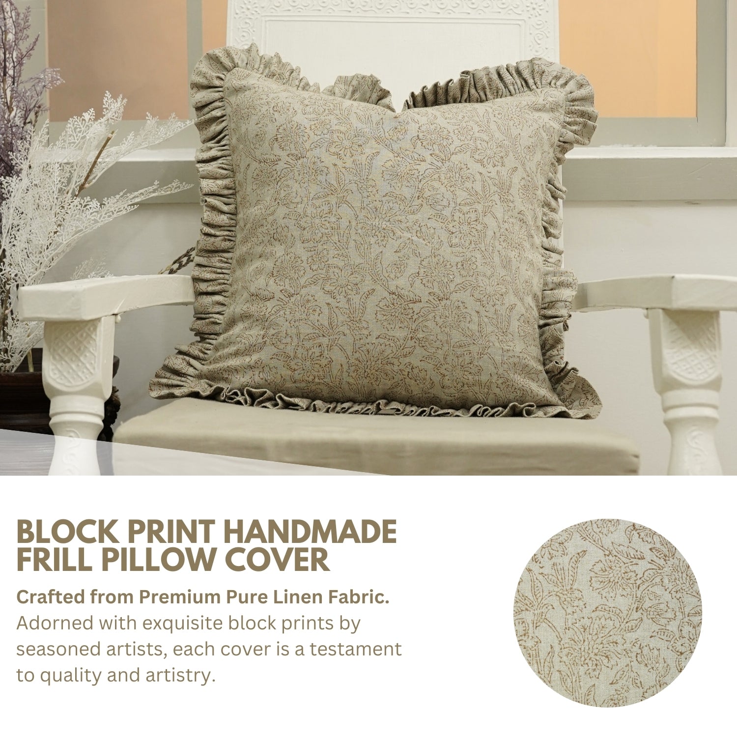 Handmade Indoor Block Printed Pure Linen Frill Pillow Cover - Jarul
