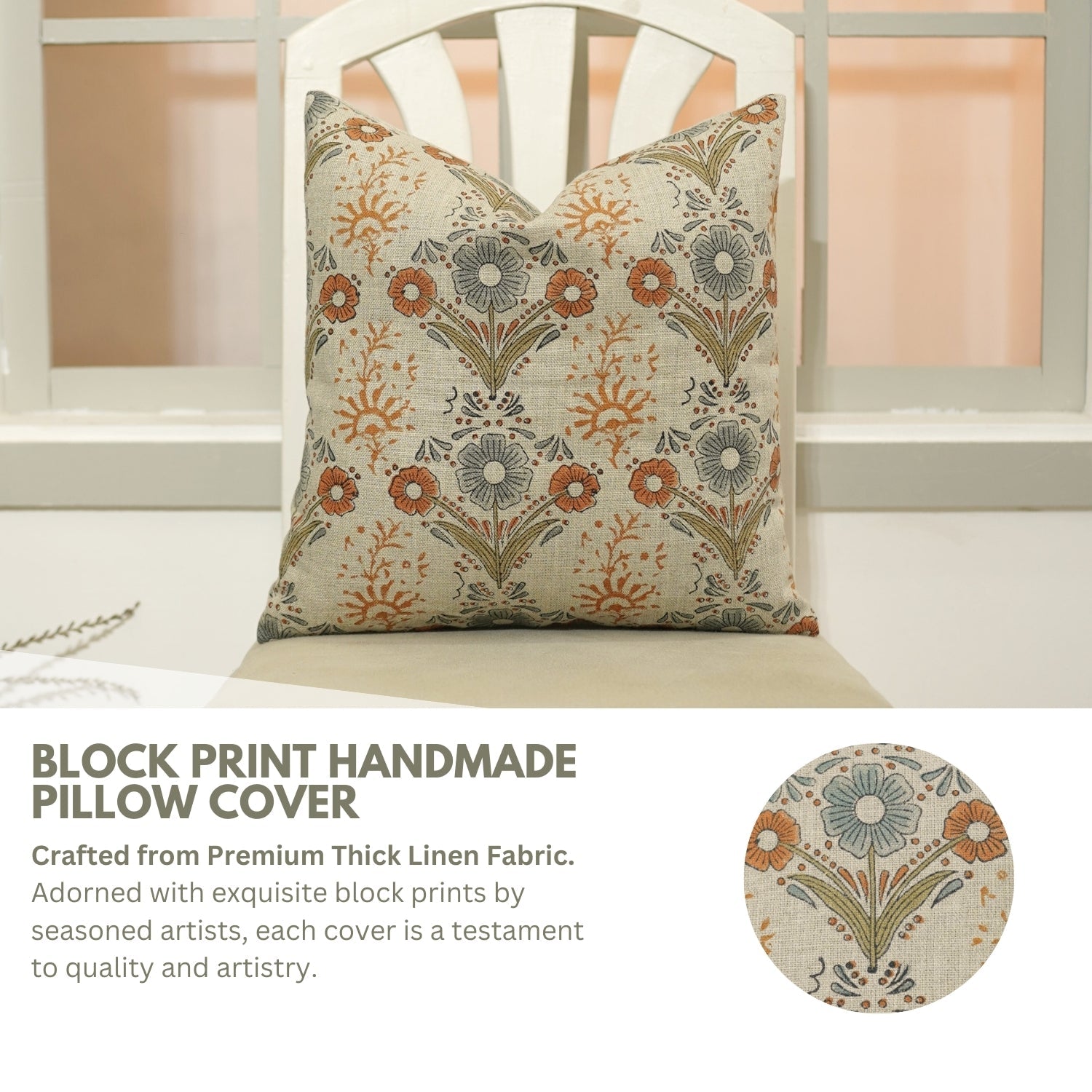 Handblock Printed Orange Floral Lumber Pillow Cover in Durable Thick Linen - Vanshika By Fabdivine