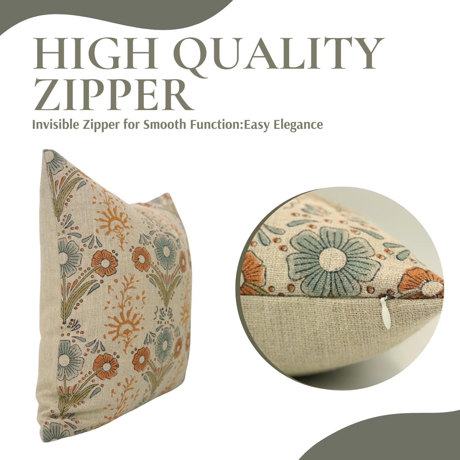 Handblock Printed Orange Floral Lumber Pillow Cover in Durable Thick Linen - Vanshika By Fabdivine