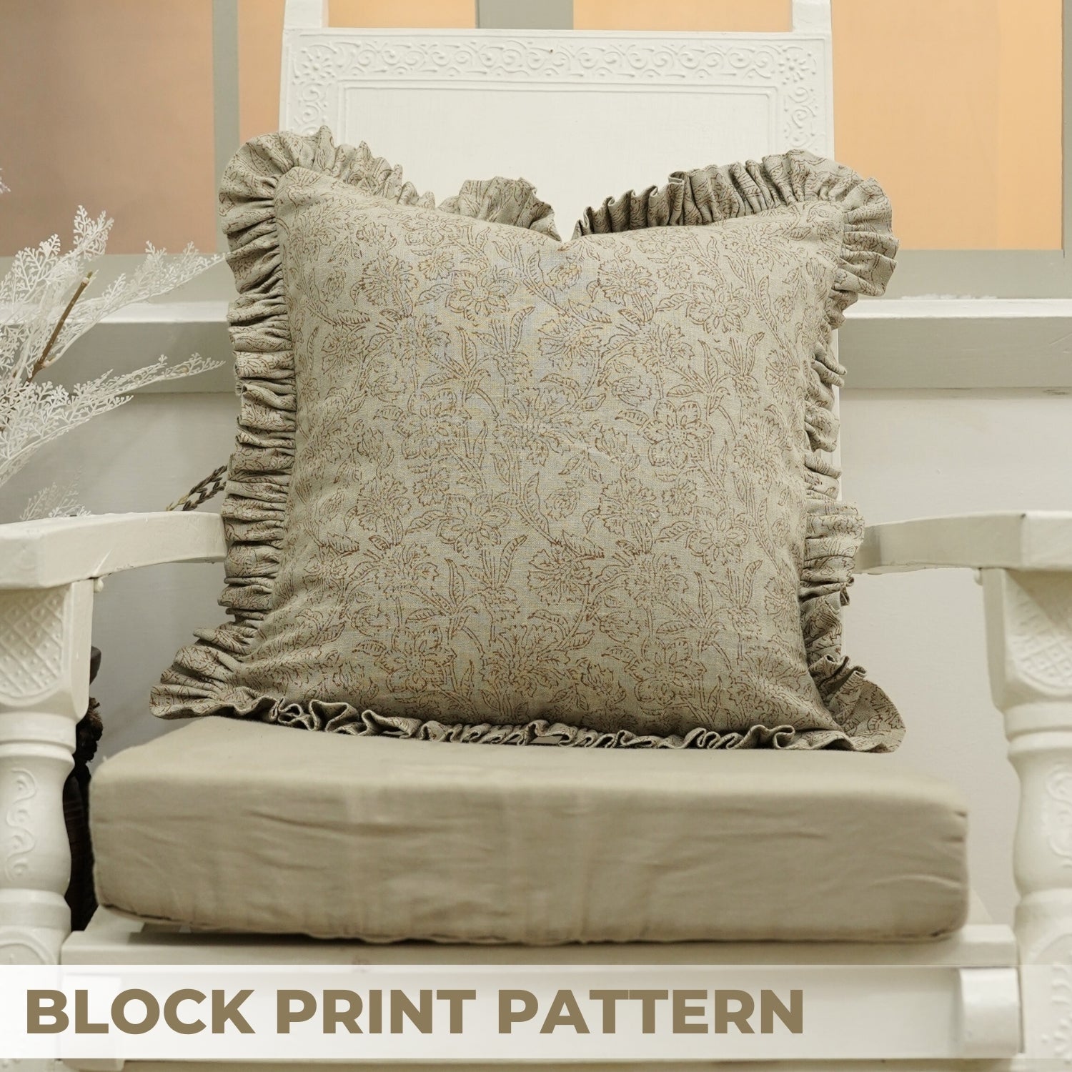 Handmade Indoor Block Printed Pure Linen Frill Pillow Cover - Jarul