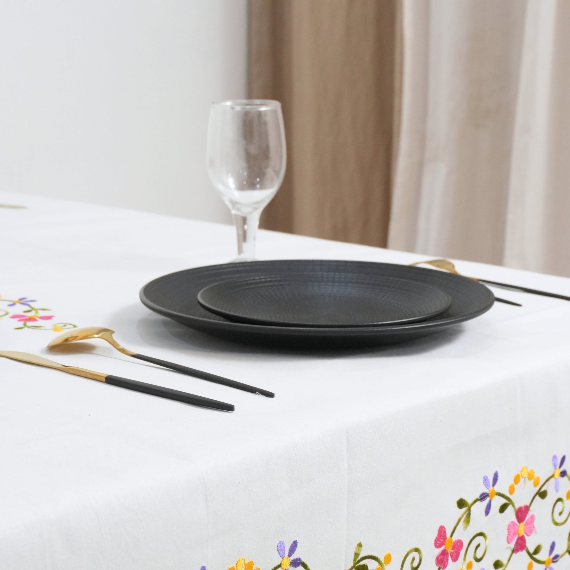 Pink and Green Floral Embroidered Thick Cotton Table Cover