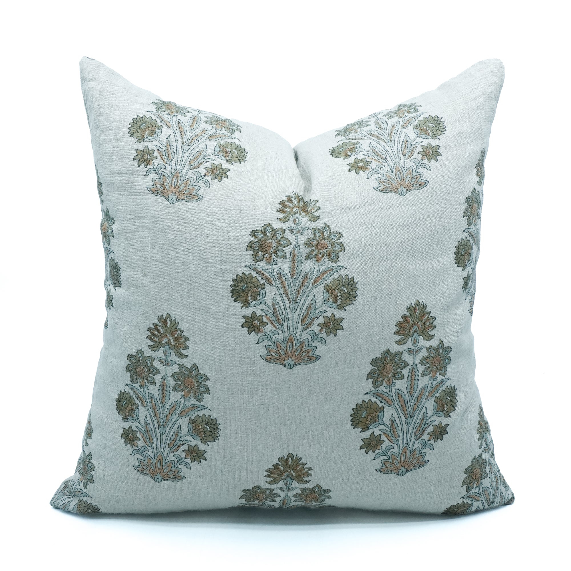 Morpankh Block Print Pure Linen Cushion Cover Green Floral 