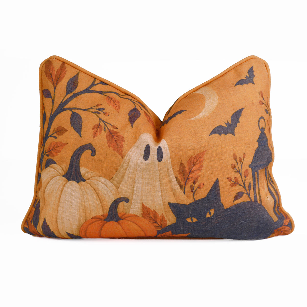 Haunted Cat Printed Orange Linen Piping Lumbar Pillow Cover