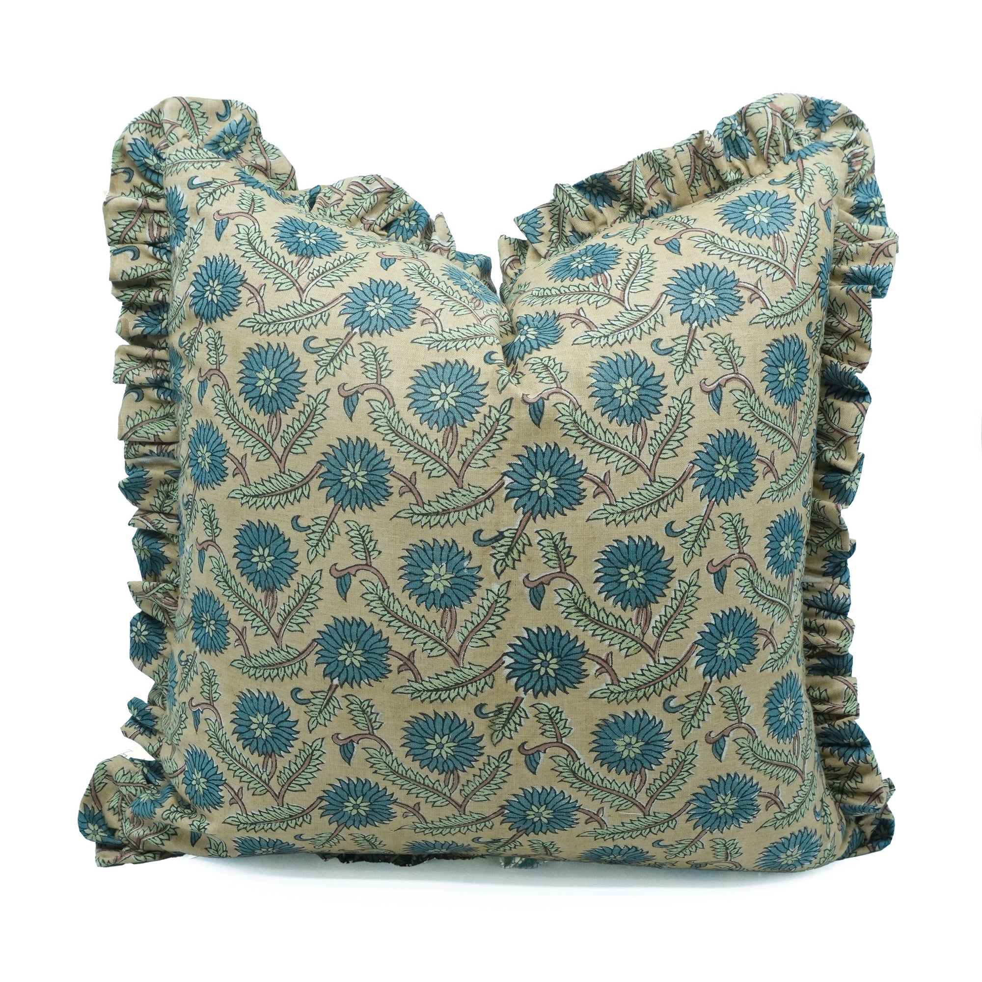 Block Print Frill Linen Blend Indoor Sofa Pillow Cover - Swarna