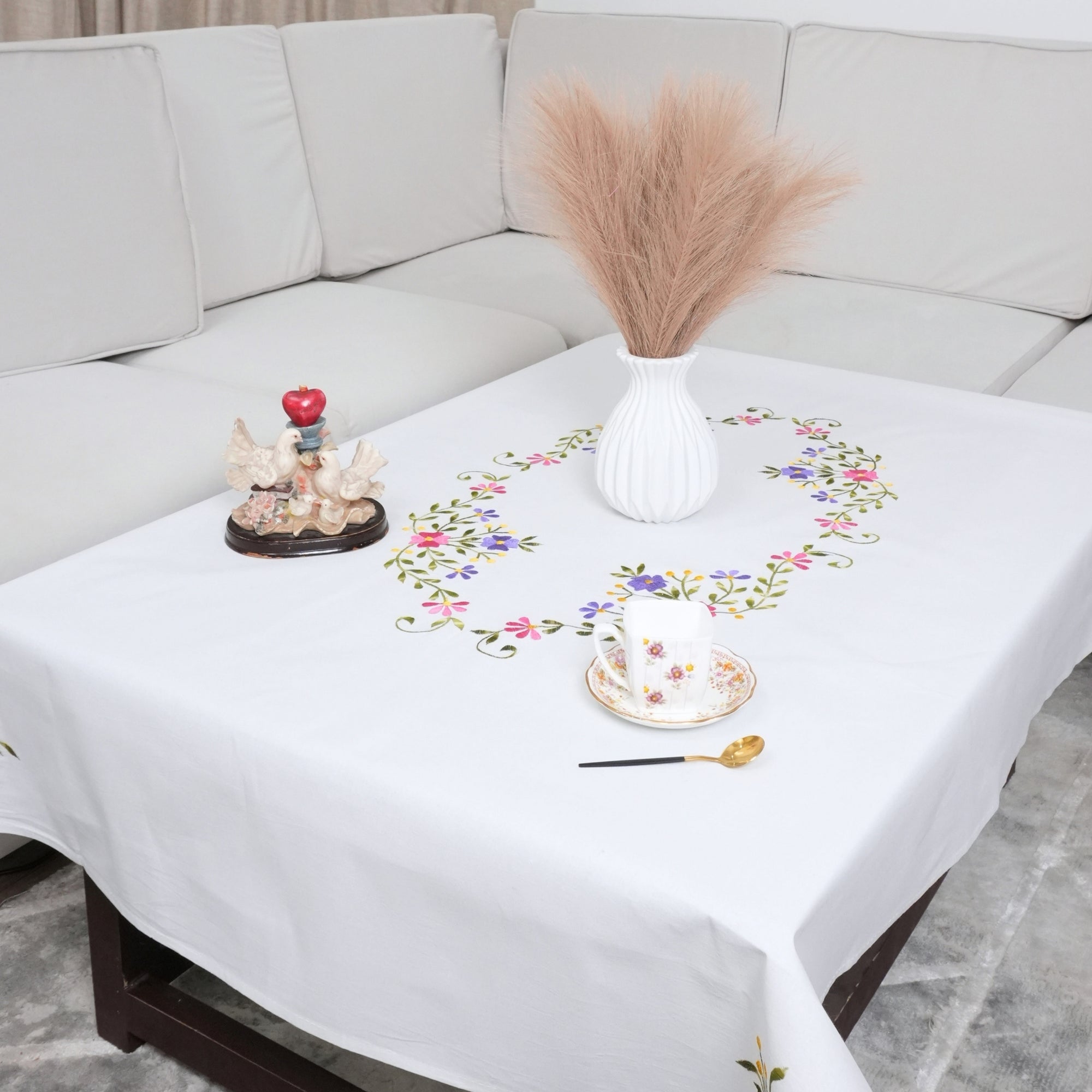 Pink Green Floral Boho Embroidered Pure Cotton Table Cover | Decor