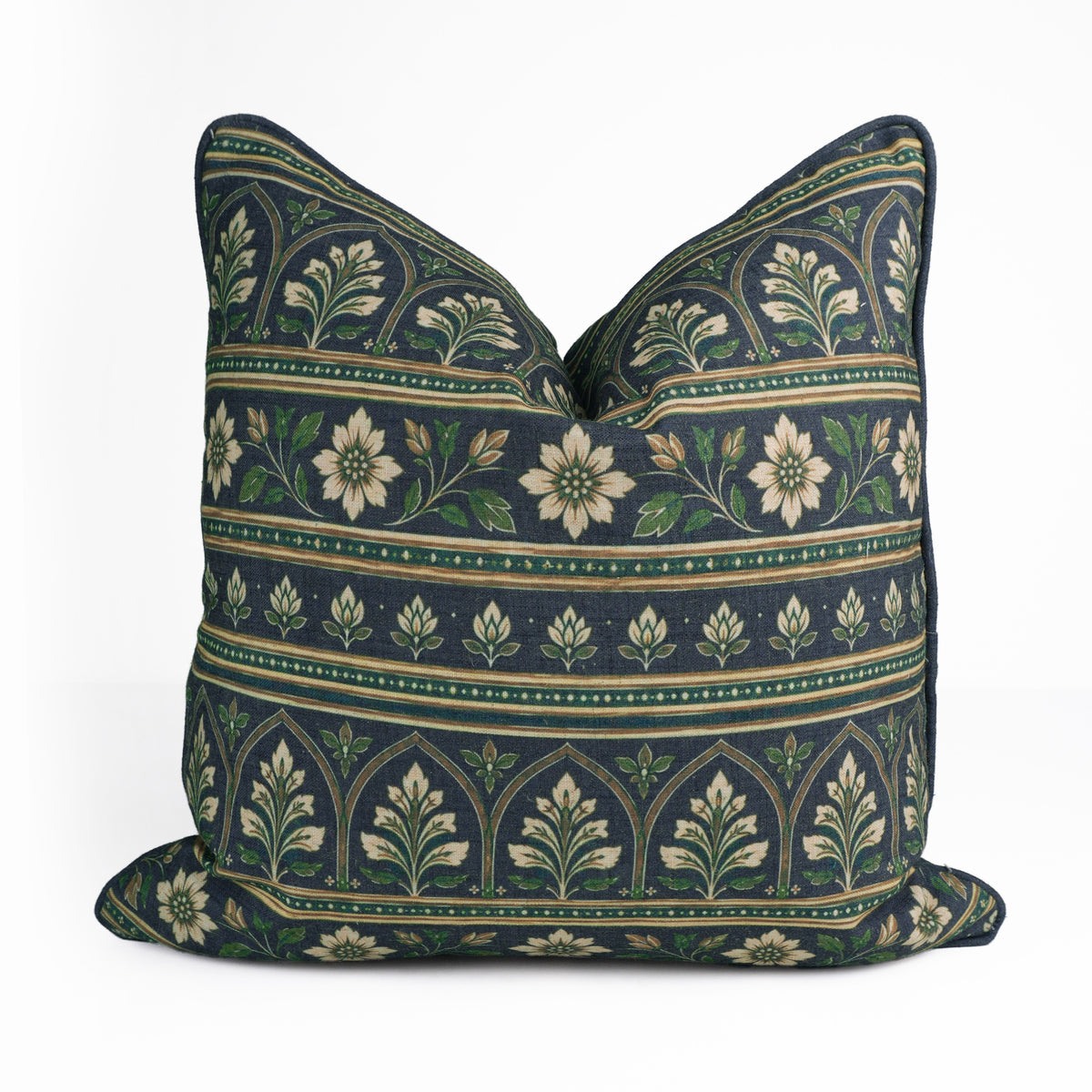 Floral Printed Piping Linen Deep Navy Pillow Cover