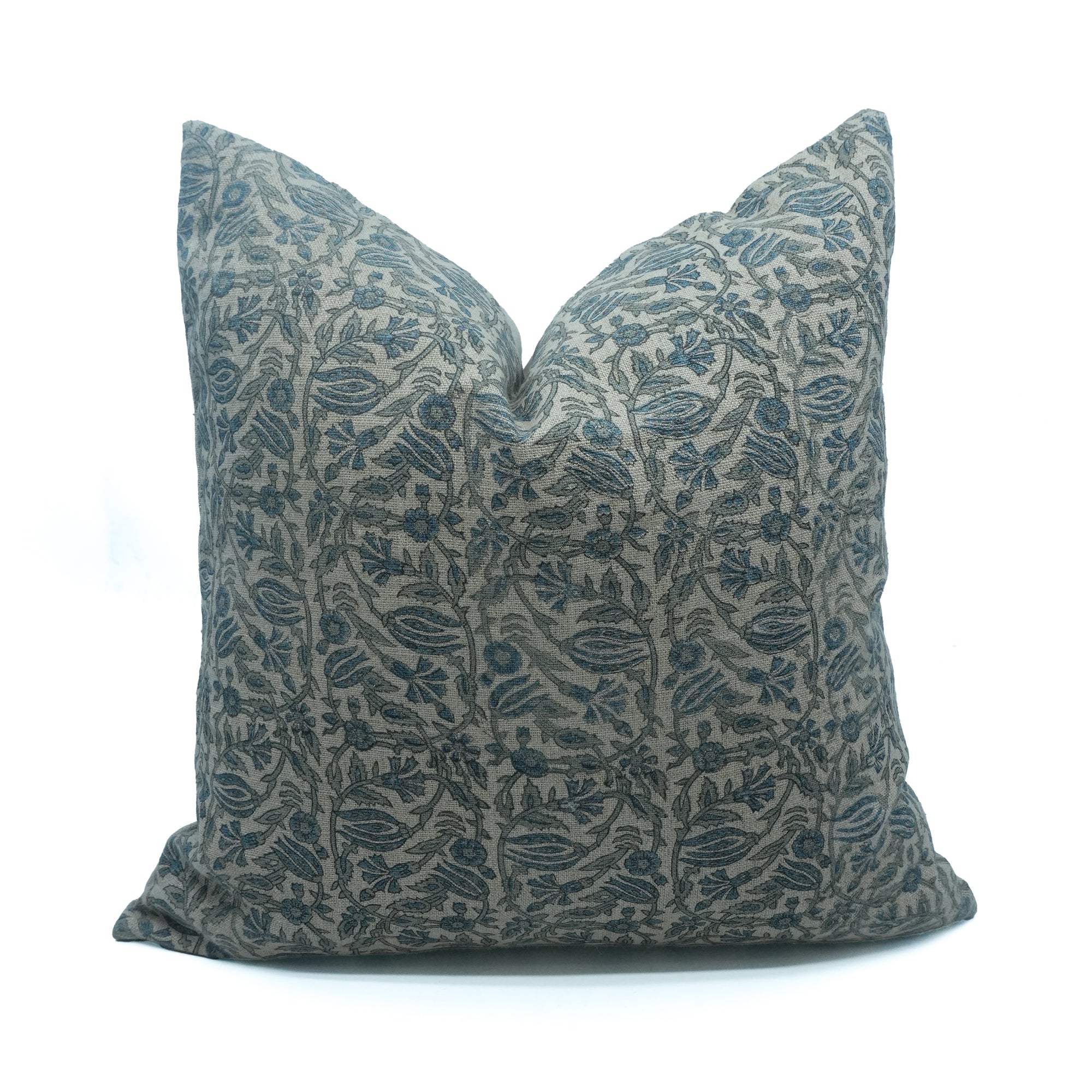 Blue Floral Manjushah Block Print Thick Linen Cushion Cover