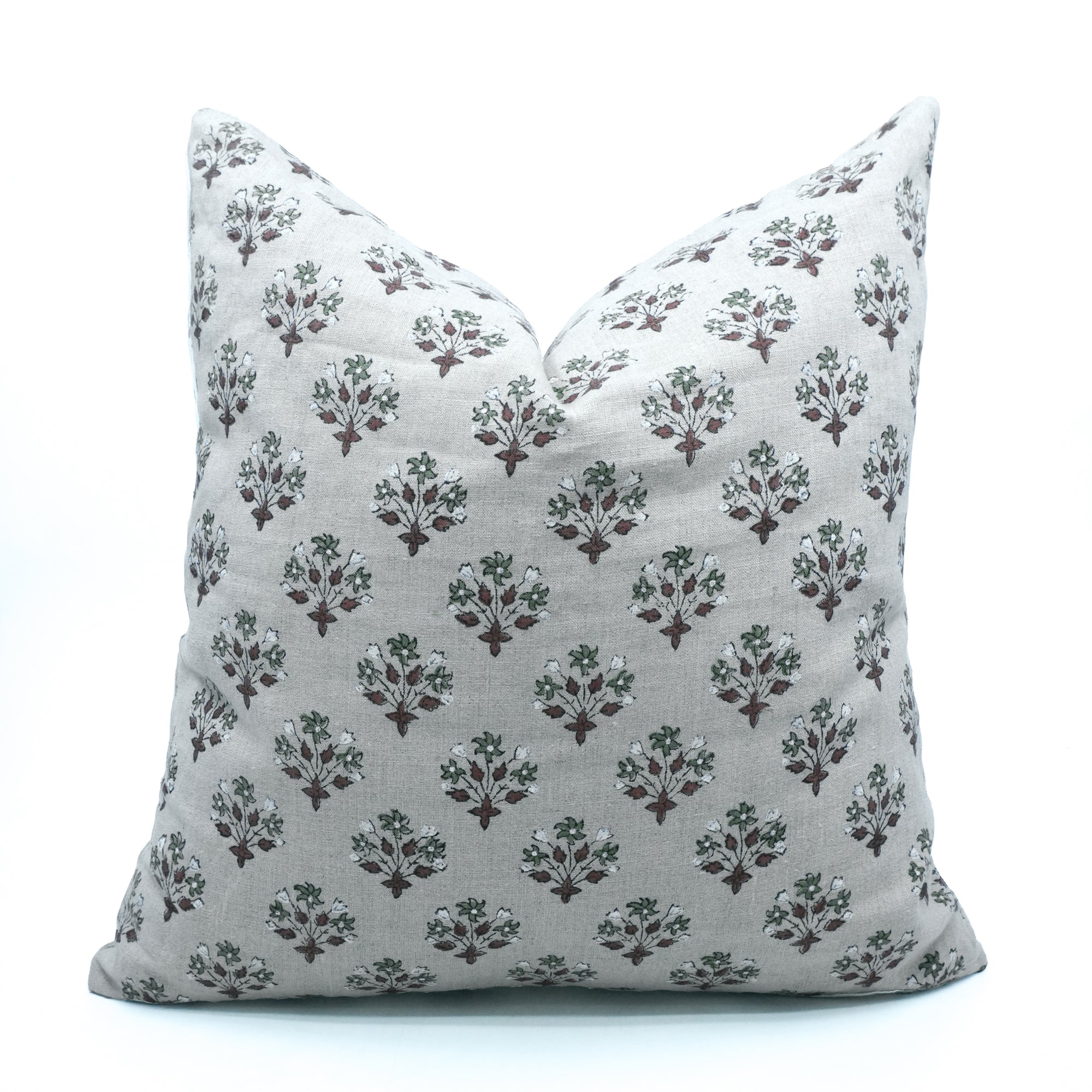 Hand Block Print Linen Cushion Cover Green &amp; Brown Diwali Flower