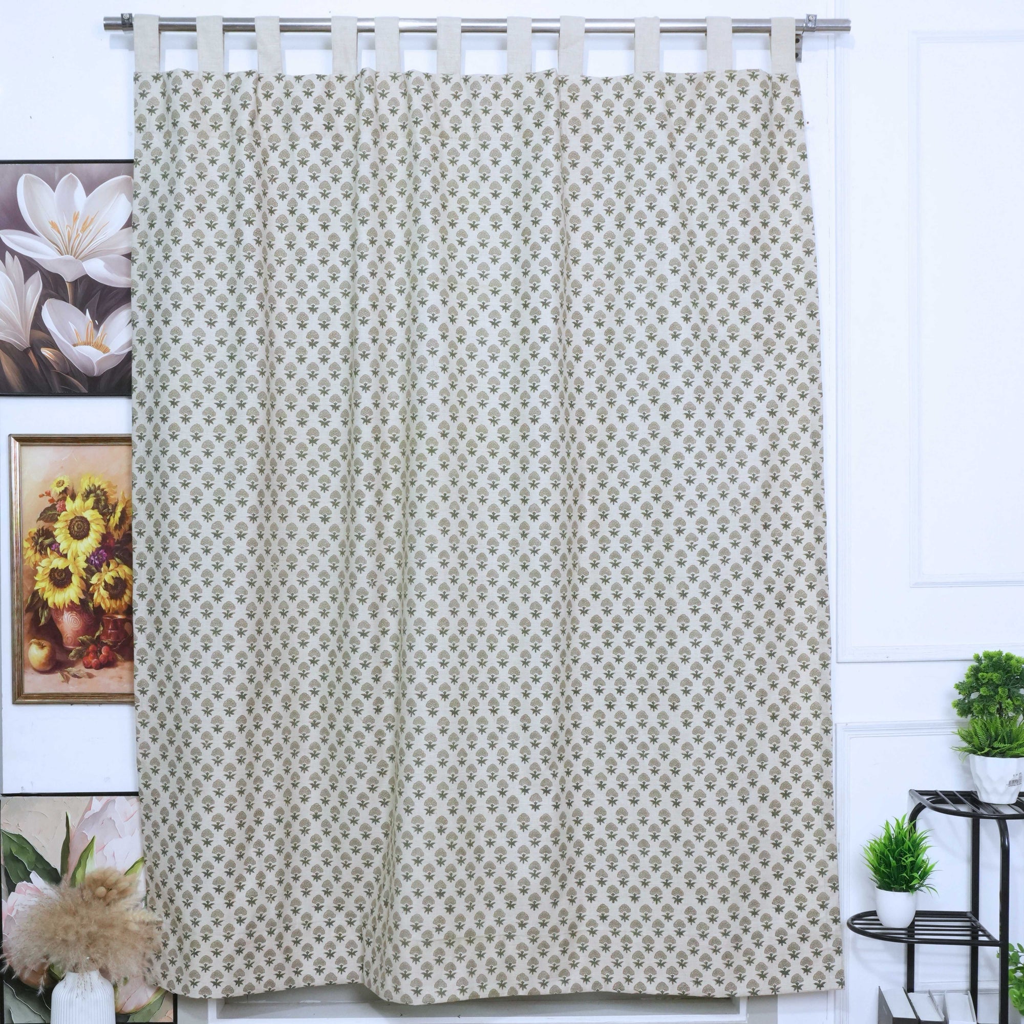 Beige Buti Hand Block Print Linen Tab Top Curtains — Strawberry